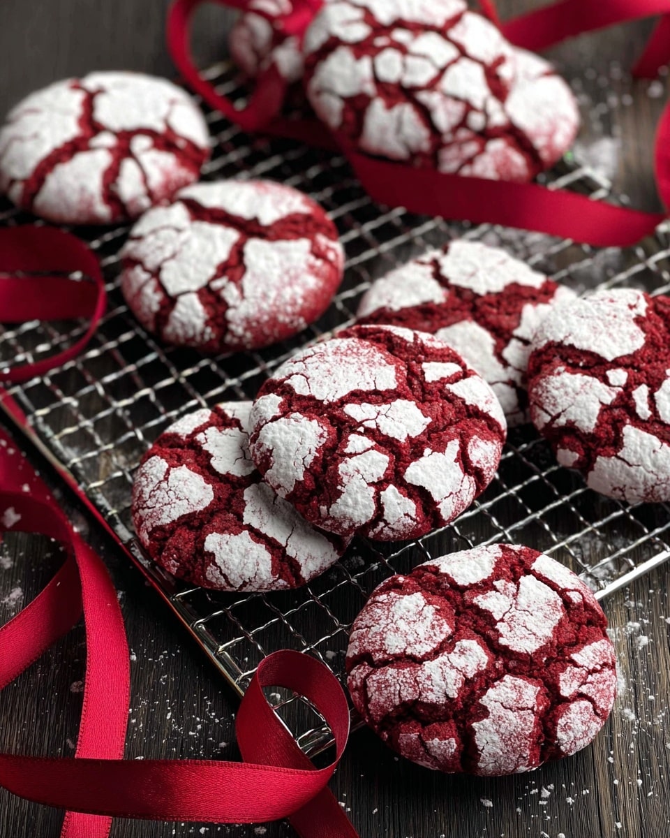 This image shows several cracked red velvet cookies covered with powdered sugar, creating a striking white and deep red contrast. The cookies have one layer each and are round with visible cracks on the surface, showing a slightly soft texture inside. They are placed on a silver wire cooling rack set over a dark wood surface, with some cookies scattered around the rack. A red ribbon weaves through the scene, lying loosely beside the cookies and cooling rack. The photo has a cozy and inviting look. Photo taken with an iphone --ar 4:5 --v 7