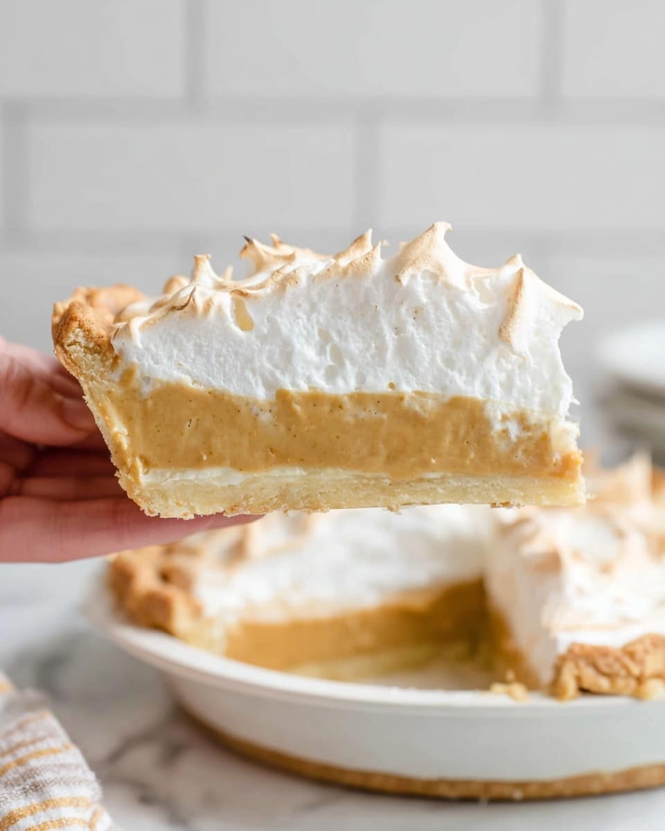 A slice of pie with three layers sits on a white plate on a white marbled surface. The bottom layer is a light golden-brown crust that looks firm and crumbly. The middle layer is a smooth, creamy pale tan filling that is thick and dense. The top layer is a fluffy white meringue with some light golden brown toasted peaks scattered evenly. In the background, there is a white cup filled with black coffee, slightly out of focus, and another slice of the same pie. The scene has soft natural light, making the textures and colors clear and inviting. photo taken with an iphone --ar 4:5 --v 7