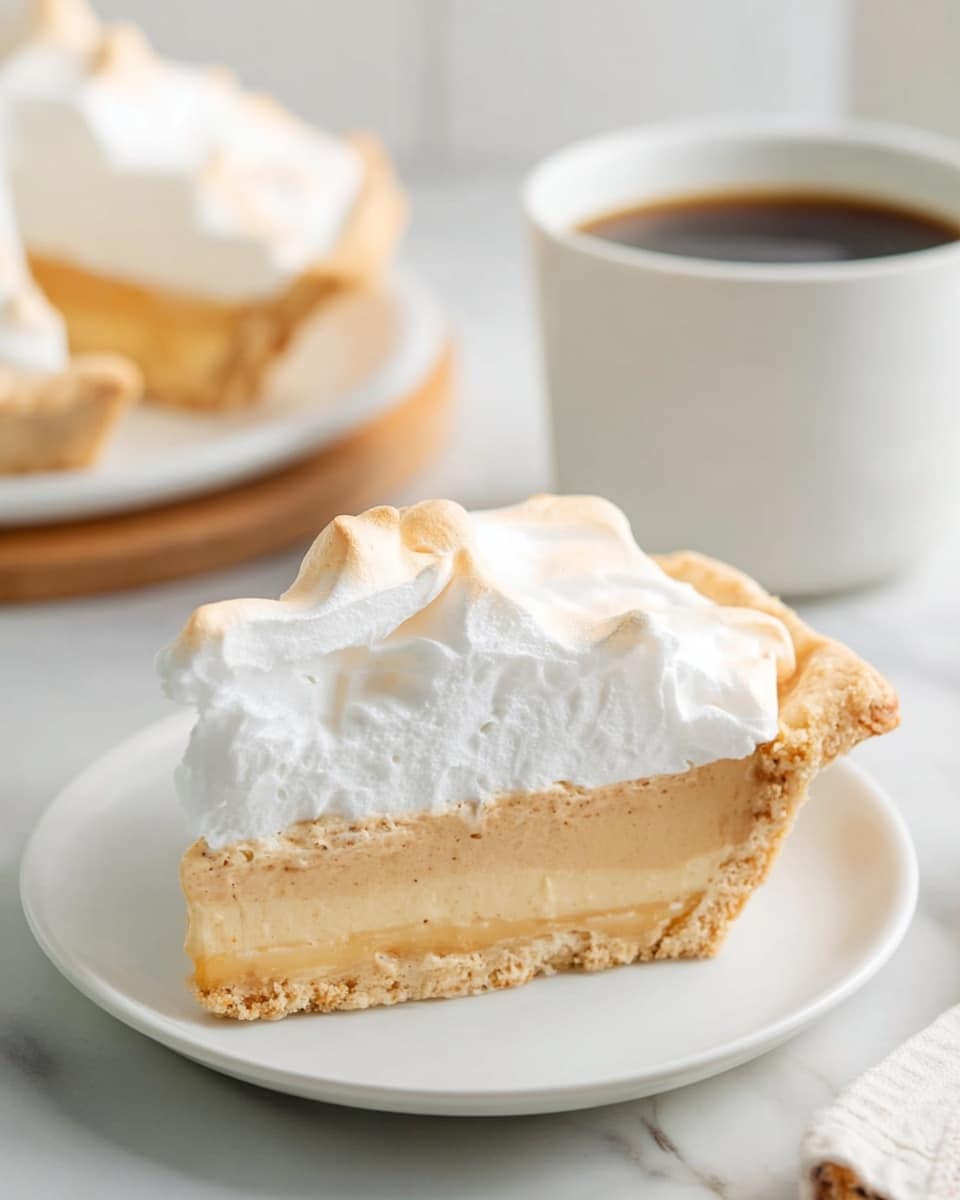 A slice of pie is held up by a woman's hand, showing three clear layers: a light golden crust at the bottom, a thick, smooth, creamy caramel-colored filling in the middle, and a fluffy white meringue topping with soft, delicate peaks and light golden brown edges on top. The rest of the pie, with similar layers and texture, sits on a white plate on a white marbled surface in the background. The scene is bright and clean. photo taken with an iphone --ar 4:5 --v 7