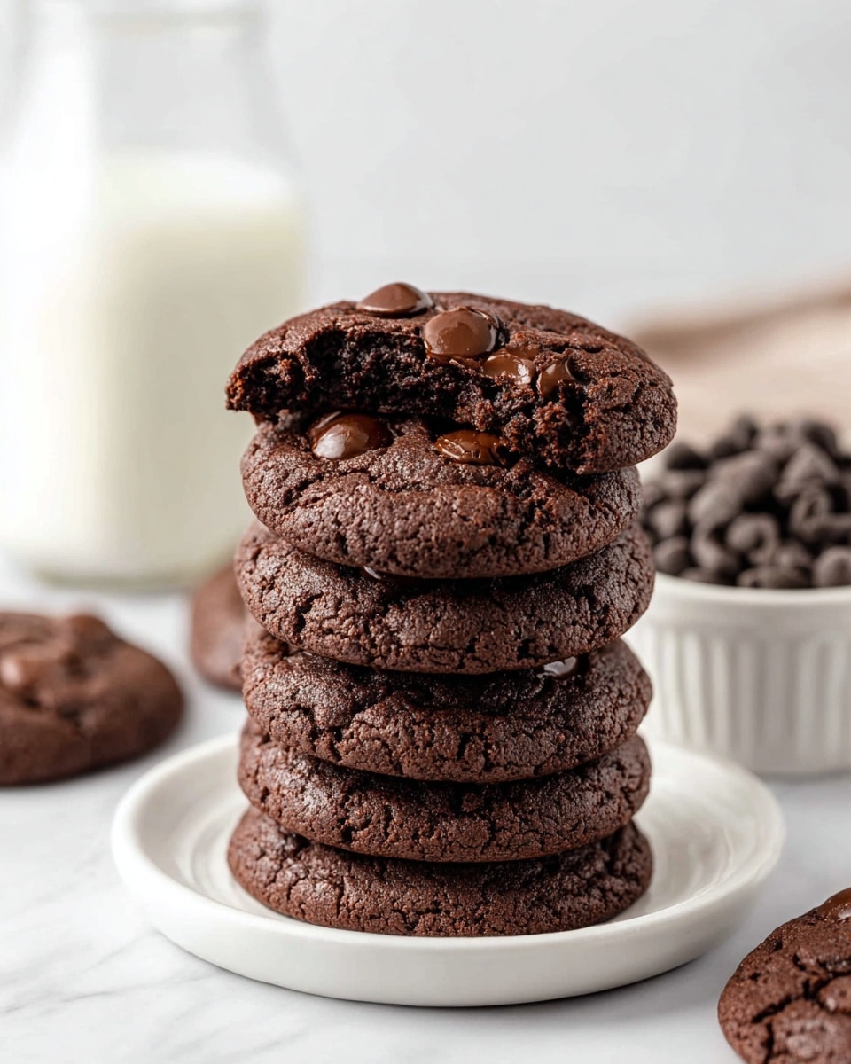 A stack of five dark brown chocolate cookies sits on a small white plate, with the top cookie broken in half and resting on the stack to show its soft, fudgy texture and embedded chocolate chips. The cookies have a cracked surface and look moist and chewy. In the background, there is a glass bottle of milk and a white bowl filled with chocolate chips, all set on a white marbled surface. Photo taken with an iphone --ar 4:5 --v 7