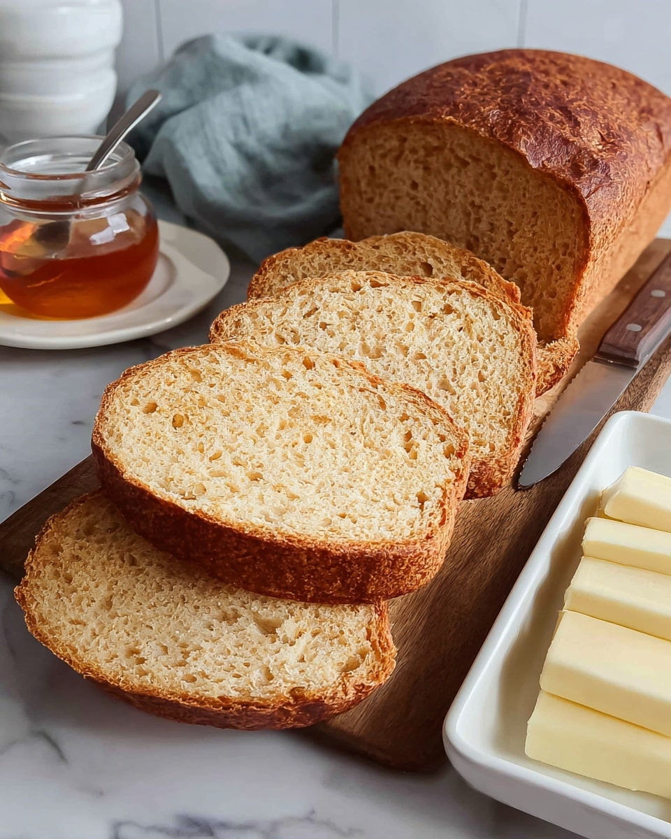 A rustic loaf of bread with a golden-brown crust and a dense, airy texture is sliced into four thick pieces arranged in a slightly overlapping row on a wooden board. Behind the slices, the rest of the loaf sits whole. To the right, there is a white rectangular dish holding neatly stacked slices of pale yellow butter, next to a butter knife resting on the dish's edge. In the background, a small glass container filled with amber honey and a metal spoon inside sits on a white saucer, with a folded light blue cloth behind it. The entire setup rests on a white marbled surface. photo taken with an iphone --ar 4:5 --v 7