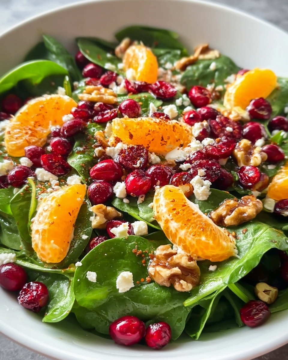 A white bowl filled with fresh dark green spinach leaves as the base layer, topped with bright red cranberries scattered evenly. On top of this are light orange tangerine segments placed in several spots around the bowl. There are small pieces of white crumbly cheese sprinkled across the salad and clusters of light brown walnuts dotted throughout. The salad is finished with a light drizzle of oil shining on some spinach leaves and a sprinkling of reddish-brown seasoning over the whole dish. Photo taken with an iphone --ar 4:5 --v 7