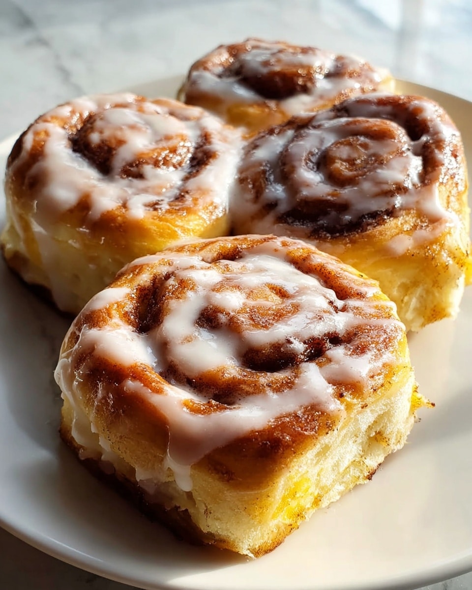The image shows three cinnamon rolls on a white plate, each with two visible layers of soft, light golden dough and a dark brown spiral of cinnamon sugar running through the center. The tops of the rolls are lightly browned and generously covered with a white glaze that is drizzled unevenly, creating a shiny texture. The rolls are close together, occupying most of the plate, which rests on a white marbled surface with natural light highlighting the glistening glaze and soft bread texture. photo taken with an iphone --ar 4:5 --v 7