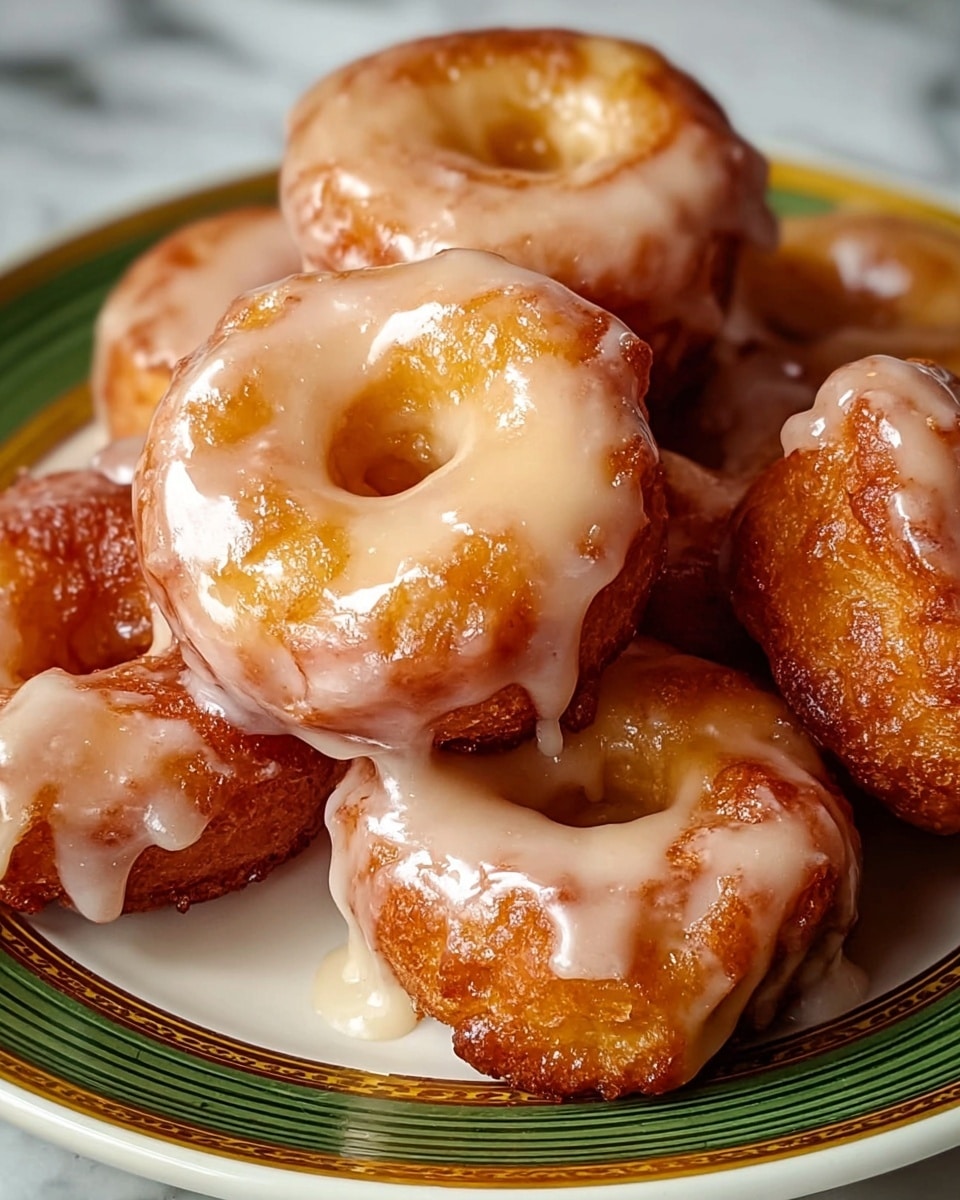 A close-up of five small golden brown mini donuts arranged together on a white plate with a green and gold rim. Each donut has a smooth, shiny layer of light beige glaze drizzled over it, creating a glossy texture with some dripping slightly on the edges. The donuts have a fluffy, slightly uneven surface with some darker fried spots. The background features a white marbled texture. photo taken with an iphone --ar 4:5 --v 7