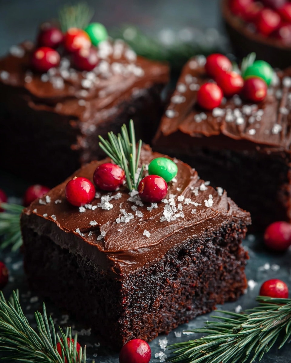 A close-up of three square pieces of rich, dark chocolate brownie with a thick, smooth layer of glossy chocolate frosting on top. Each brownie is decorated with small red berries, a few green and red round candies, and a light dusting of coarse white sugar crystals. One brownie in front has a small green rosemary sprig as garnish. The brownies are on a dark surface, with scattered red berries and green pine leaves around them, all set against a white marbled texture background. photo taken with an iphone --ar 4:5 --v 7