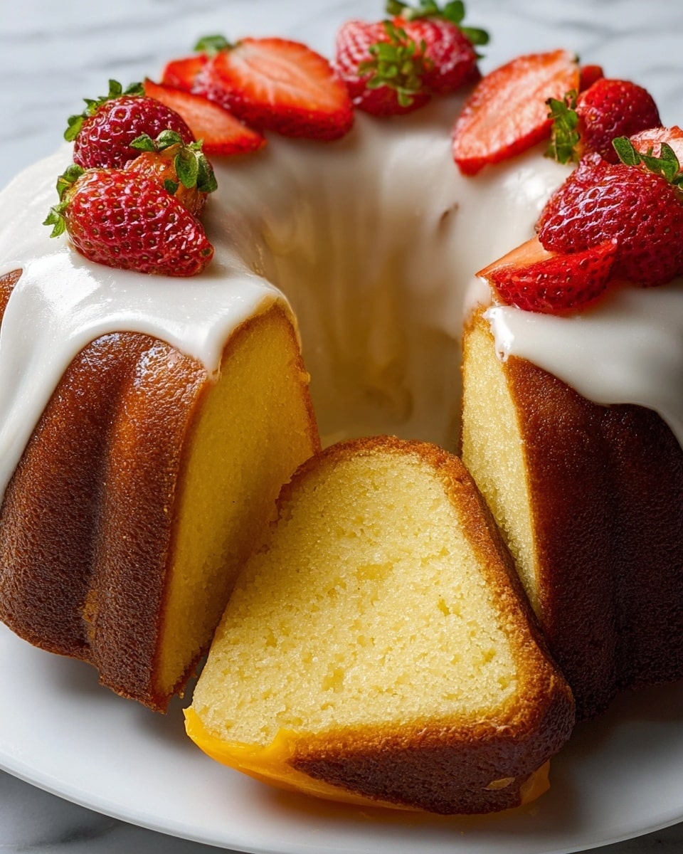The image shows a bundt cake with a golden-brown outer layer and a soft, light yellow inside. The top of the cake is decorated with a smooth, white icing that slightly drips over the sides. On top of the icing, there are whole and halved bright red strawberries with their green leaves still attached, adding color and freshness. A single slice is cut out and placed in front, showing the moist, dense texture of the cake. The cake and slice are placed on a white plate over a white marbled surface. photo taken with an iphone --ar 4:5 --v 7