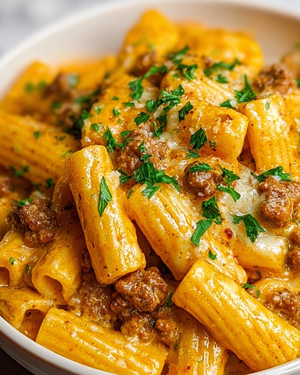 The image shows a close-up of a bowl filled with three visible layers: the bottom layer is white rigatoni pasta coated in a creamy, slightly orange sauce, the middle layer consists of browned, crumbly sausage pieces scattered throughout, and the top layer is fresh green parsley leaves sprinkled generously. The creamy sauce has a smooth and glossy texture, covering the pasta and sausage evenly, and some melted cheese appears mixed within. The bowl is white, placed on a white marbled surface. photo taken with an iphone --ar 4:5 --v 7