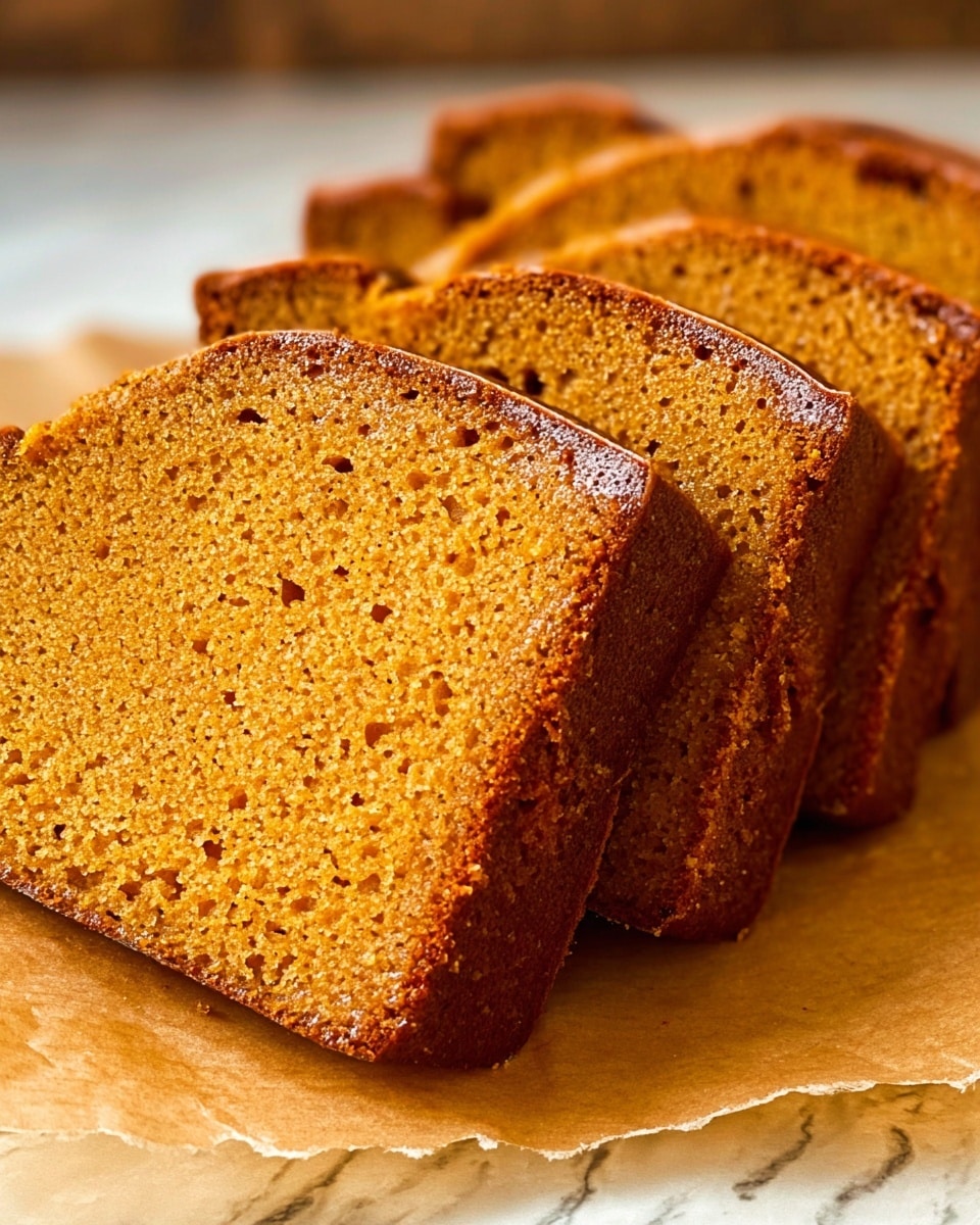 The image shows four thick slices of golden brown cake with a slightly rough texture, stacked in a row leaning slightly to the right. The outer edges are a darker, crisp brown with a crumbly look, while the inner parts are a warm, smooth golden color with tiny holes visible across the surface. The slices rest on a piece of light brown parchment paper that lies on a white marbled surface, giving a cozy and simple feel. photo taken with an iphone --ar 4:5 --v 7