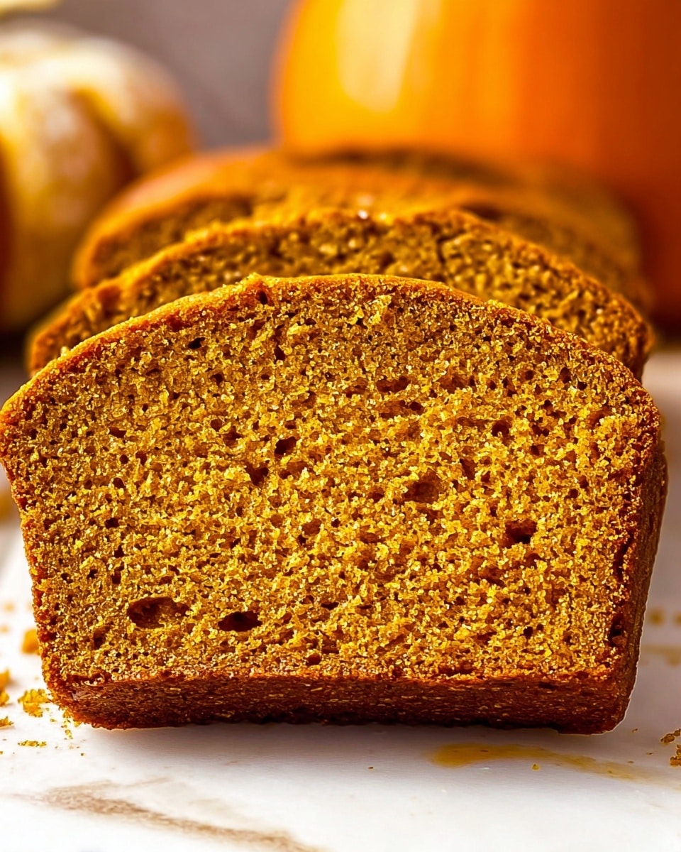The image shows three thick slices of moist pumpkin bread placed closely together on a white marbled surface. Each slice has a golden brown crust with a slightly darker edge and a soft, light orange-brown interior that looks dense yet crumbly. The texture inside shows small, even air holes scattered throughout the bread. In the blurred background, a round orange pumpkin is partially visible, adding an autumn feel to the scene. photo taken with an iphone --ar 4:5 --v 7