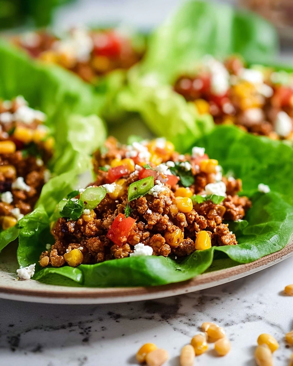 A close-up of three lettuce leaf cups filled with a mix of seasoned ground meat, bright yellow corn kernels, red diced tomatoes, green bell pepper bits, and small white cheese crumbles, all resting on fresh green lettuce leaves that form the base layer. The lettuce wraps are placed on a white plate with a slightly raised edge, set on a white marbled surface that has scattered corn kernels and beans around the plate. The textures include crisp lettuce, crumbly and moist meat, soft cheese, and juicy vegetables. The photo focuses on the front wrap, showing vibrant colors and a fresh, inviting look. Photo taken with an iphone --ar 4:5 --v 7