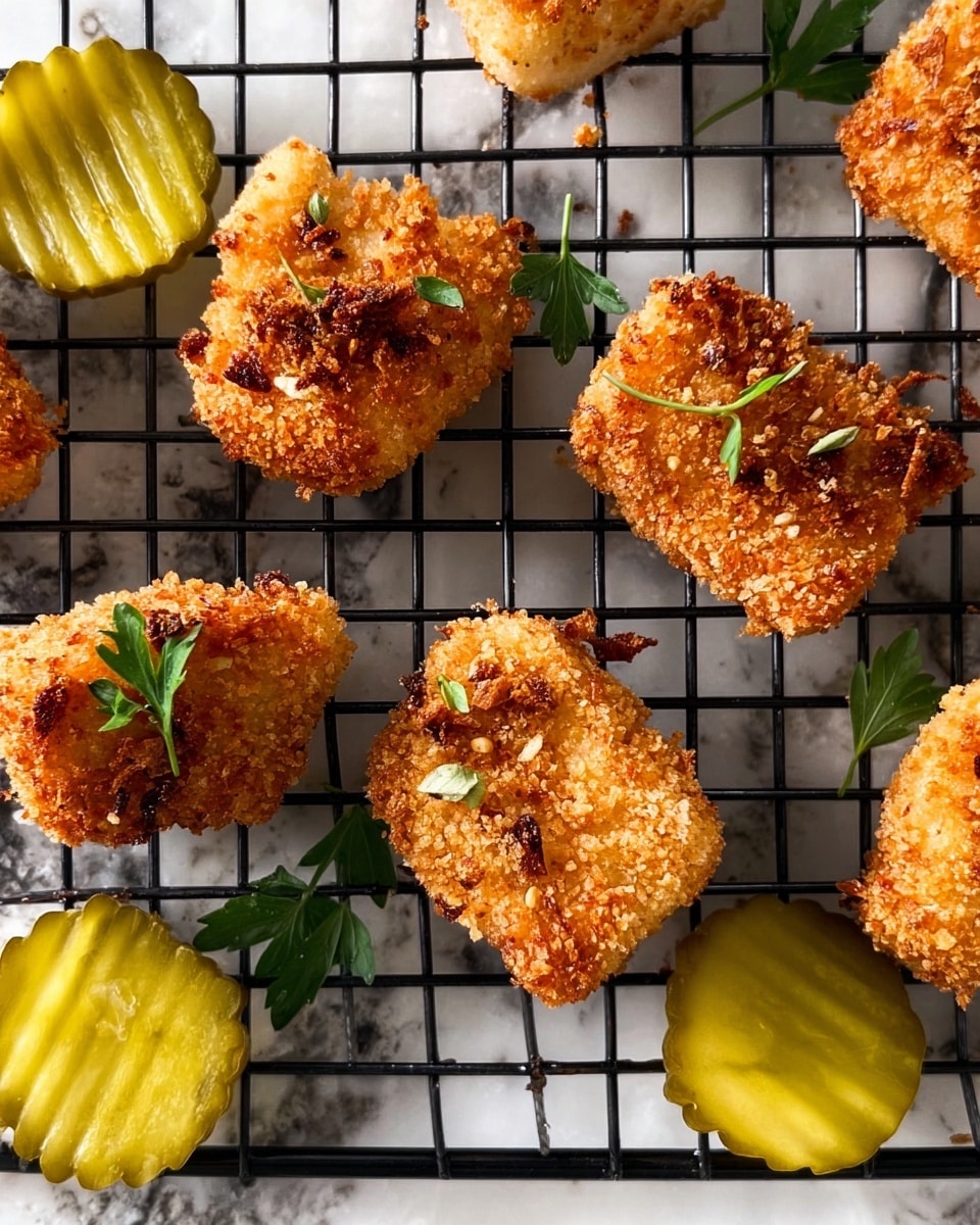 The image shows several pieces of golden brown, crispy breaded chicken nuggets on a black wire rack, with small green parsley leaves scattered on top of them. Between the nuggets, there are a few bright yellow pickle slices with a crinkle-cut texture. The wire rack and nuggets are placed on a white marbled surface. photo taken with an iphone --ar 4:5 --v 7