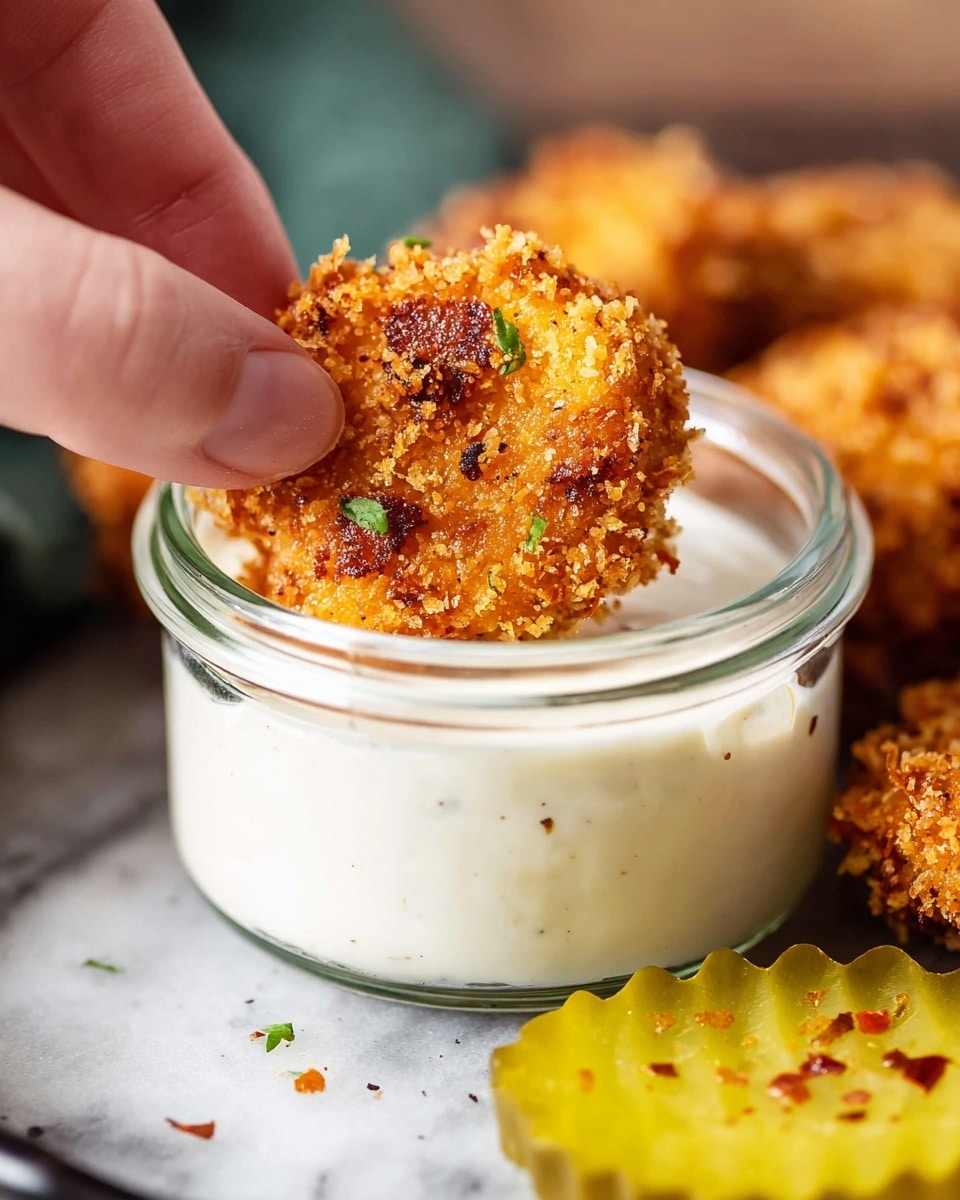 A close-up of a crispy, golden-brown breaded nugget held by a woman's hand, partially dipped into a small glass jar filled with creamy white dipping sauce. The nugget has a crunchy texture with small bits of green and red seasoning visible on its surface. The jar sits on a white marbled surface next to a wavy-cut pickle slice that is light yellow-green with some red specks on it, and blurred nuggets can be seen in the background. The scene has a cozy, appetizing feel with a sharp focus on the nugget and sauce. photo taken with an iphone --ar 4:5 --v 7