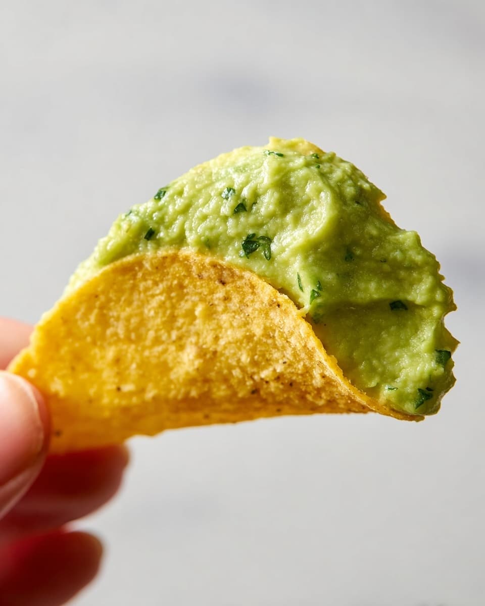 A close-up view of a single yellow corn chip held by a woman's hand, generously covered with a thick, creamy green guacamole-like sauce. The chip is curved, with a rough texture visible beneath the smooth, slightly chunky green spread that shows small bits of herbs. The background is a soft white marbled texture, focusing attention on the chip and the rich, fresh topping. Photo taken with an iphone --ar 4:5 --v 7