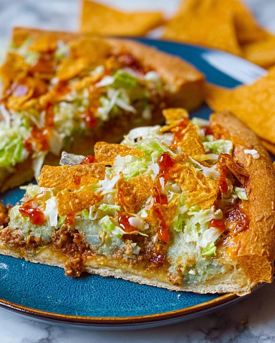 The image shows a close-up of two slices of pizza on a blue plate, placed on a white marbled surface. Each slice has three main layers: the bottom crust is golden brown and thick, the middle layer is a greenish spread with visible chunks of meat, and the top layer is covered with shredded lettuce, crumbled orange chips, melted cheese, and small drops of red sauce. In the background, there are a few pieces of triangular chips. The overall look is colorful with rough textures from the chips and smooth melted cheese. Photo taken with an iphone --ar 4:5 --v 7