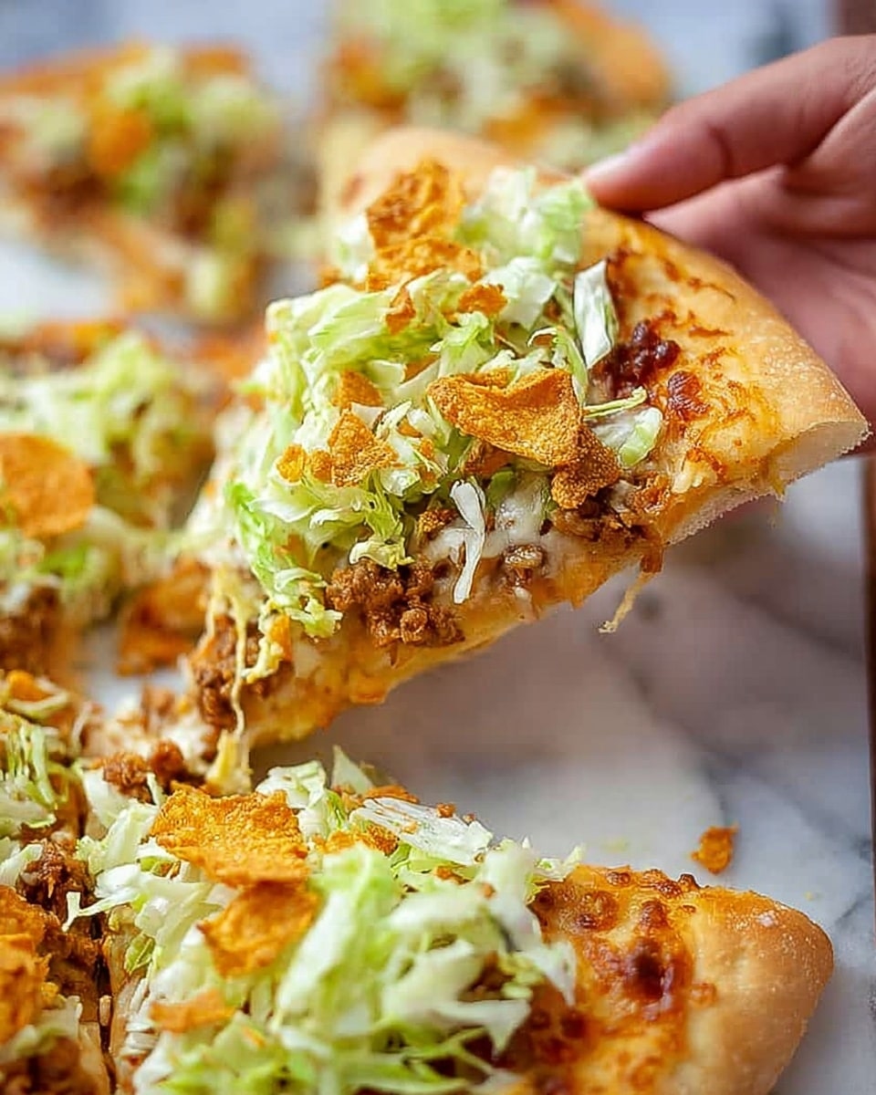 A close-up of a slice of pizza being lifted by a woman's hand, showing three main layers: the bottom golden crust that looks soft and fluffy, a middle layer of melted cheese mixed with browned bits and small pieces of meat, and the top layer covered with shredded light green lettuce and crunchy orange chip pieces scattered unevenly. The pizza is placed on a white marbled surface with more slices in the background, showing a consistent topping pattern of lettuce and chips on a cheesy crust. The colors contrast well with the light green lettuce and bright orange chips standing out against the warm tones of the cheese and crust. Photo taken with an iphone --ar 4:5 --v 7