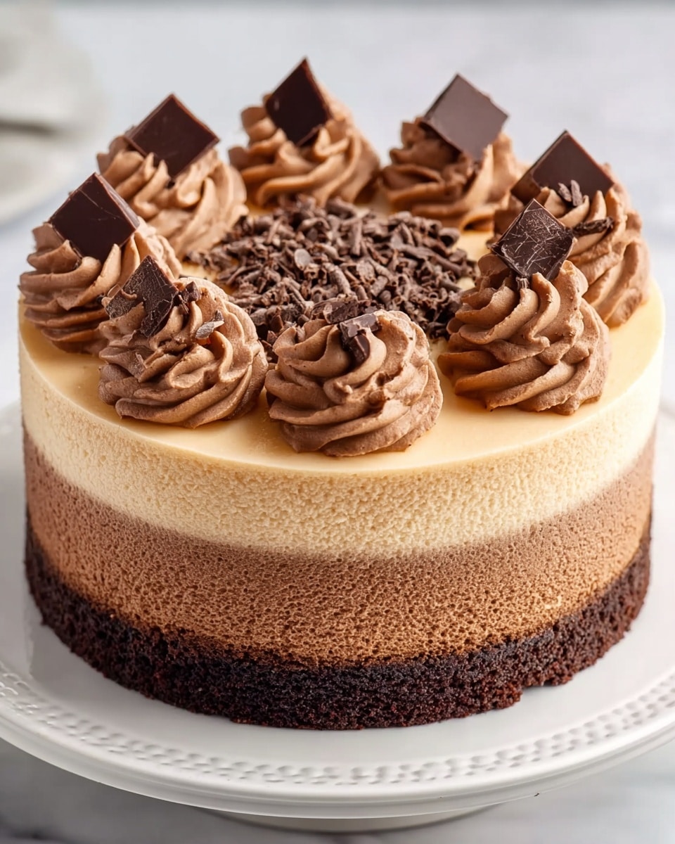 A round three-layer mousse cake sits on a white plate with a delicate raised edge design, placed on a white marbled surface. The bottom layer is a dark brown, rich chocolate cake base with a slightly crumbly texture. Above it is a medium brown chocolate mousse layer, smooth and creamy in appearance. The top layer is a light tan mousse, dense yet soft, covering the cake evenly. On top, eight swirls of chocolate mousse are evenly spaced around the edge, each topped with a small, square piece of dark chocolate. In the center of the top layer, there are scattered small chocolate shavings. The photo was taken with an iphone --ar 4:5 --v 7
