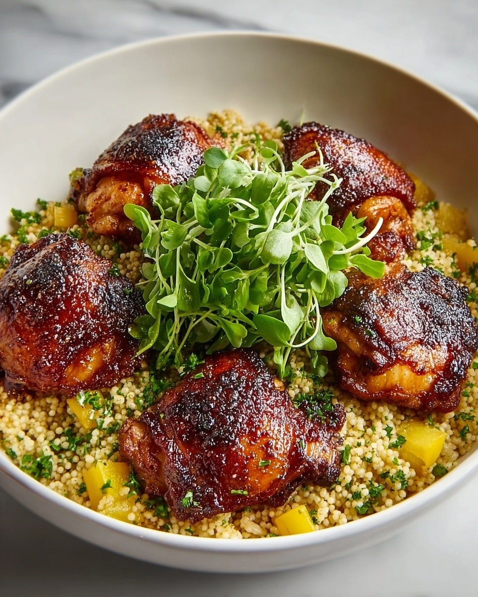 The dish shows a white bowl filled with a base layer of small, round couscous grains mixed with small yellow bell pepper pieces and green herbs, giving it a light yellow and green texture. On top, there are four browned, crispy chicken thighs with a shiny glaze and some blackened seasoning on the skin, placed evenly around the bowl's center. A small bunch of fresh green microgreens is stacked right in the middle, adding a fresh, leafy contrast to the rich chicken. The whole bowl sits on a smooth white marbled surface. photo taken with an iphone --ar 4:5 --v 7