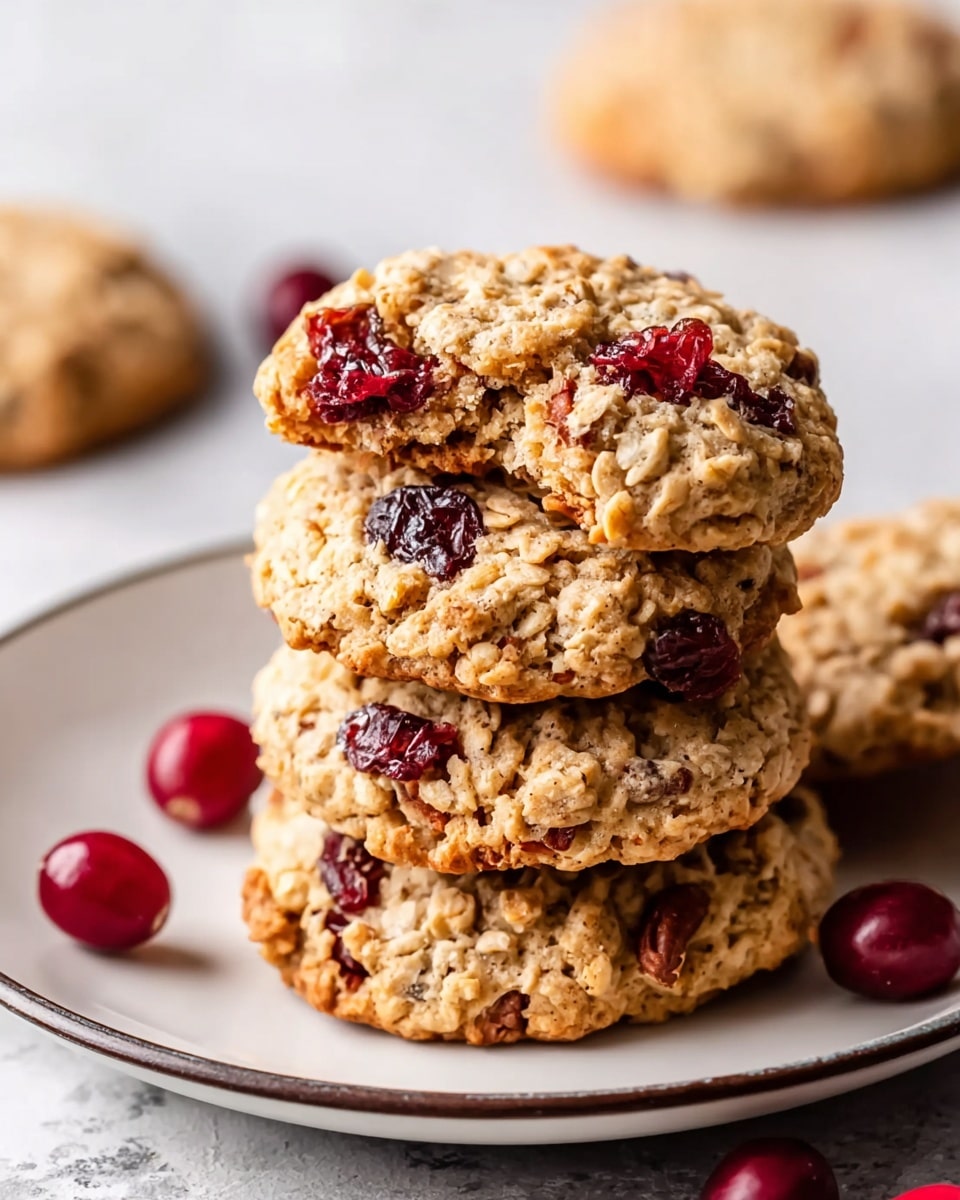 A stack of three thick, rough-textured cookies sits on a white plate with a dark rim, placed on a white marbled surface. The cookies are light brown with visible specks of nuts and seeds mixed throughout. Each cookie is topped with dark red dried cranberries and whole pecans, adding contrast with their glossy and smooth textures. Around the plate, a few loose cranberries and pecans are scattered. In the soft-focus background, a white bowl filled with more cranberries can be seen. photo taken with an iphone --ar 4:5 --v 7