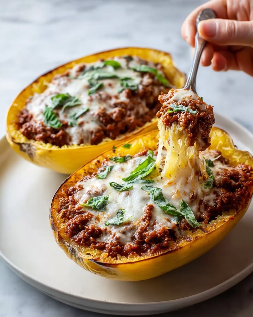 The image shows two halves of a yellow squash on a white plate, placed on a white marbled surface. Each half has three layers: the bottom layer is the hollowed yellow squash shell, the middle layer is a thick red tomato sauce mixed with browned ground meat, and the top layer is melted white cheese with green basil strips scattered on it. A woman's hand holding a fork lifts a cheesy bite from the front squash half, with melted cheese stretching between the fork and the dish photo taken with an iphone --ar 4:5 --v 7