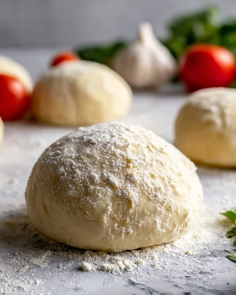 A close-up of a round dough ball resting on a white marbled surface dusted with flour, showing a slightly uneven texture with some small cracks and a light sprinkle of flour on top; in the blurred background, there are more dough balls along with whole red tomatoes, a garlic bulb, and some green leafy herbs adding soft pops of color. photo taken with an iphone --ar 4:5 --v 7