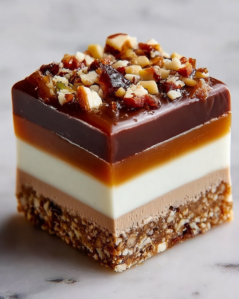 A square-shaped dessert with five distinct layers is shown on a white marbled surface. The bottom layer is a coarse, crumbly crust in light brown with visible bits of nuts or grains. Above this is a smooth, light mocha-colored layer, topped by a thin dark brown chocolate layer. Next is a thick, creamy white layer, followed by a glossy caramel layer that forms the top. The caramel layer is adorned with chopped nuts and dried fruit pieces, adding a crunchy texture and rich color contrast on top. The overall look is neat with clean, straight edges. Photo taken with an iphone --ar 4:5 --v 7