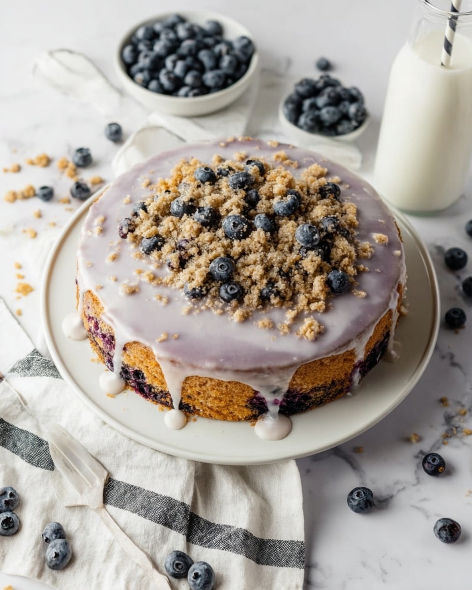 A round cake with two visible layers sits on a white plate over a white marbled surface. The bottom layer is a light golden color, and the top layer is dark with a texture showing blueberries inside. The cake is covered with a pale purple glaze that drips slightly over the sides, decorated with crunchy crumble pieces evenly spread on top. Around the plate are scattered fresh blueberries, a white bowl filled with blueberries, and a bottle of milk with a straw. A white cloth with black stripes lies beside the plate. photo taken with an iphone --ar 4:5 --v 7