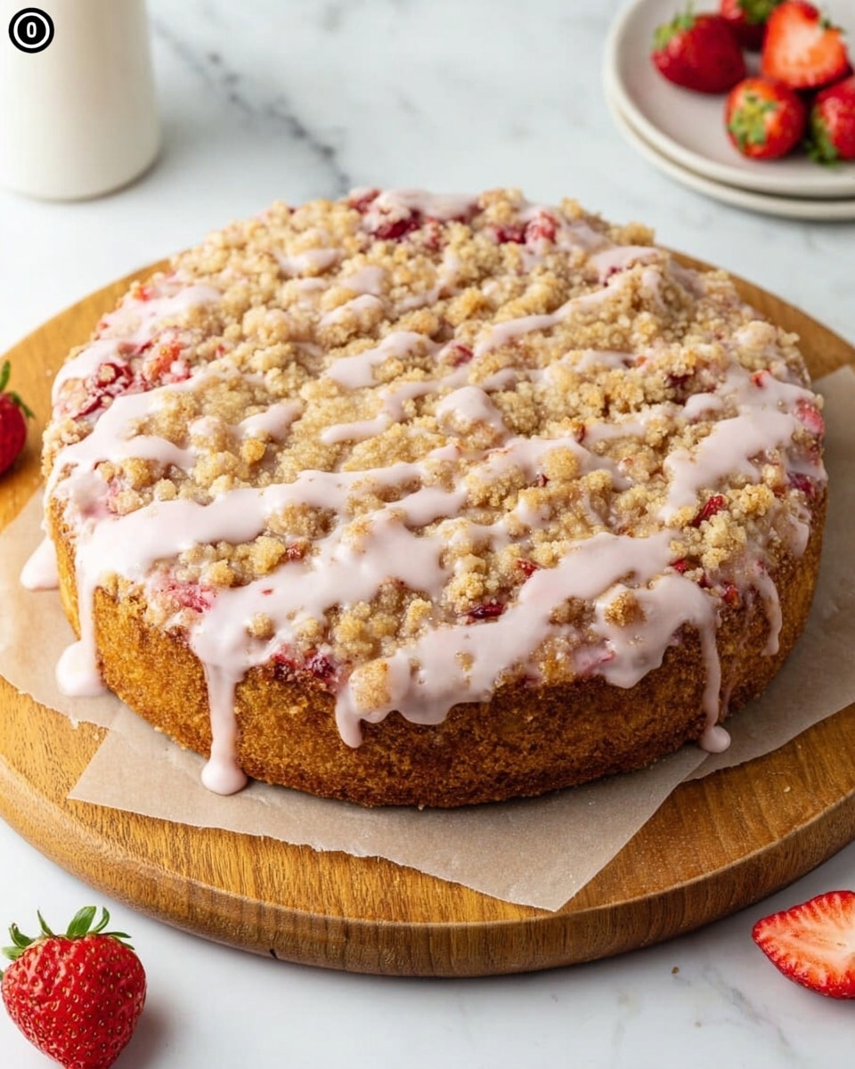 A round cake with one thick layer, covered on top with a crumbly, brown streusel topping mixed with bits of red strawberries. A light pink glaze is drizzled unevenly over the streusel, dripping slightly down the sides of the cake. The cake sits on parchment paper, placed on a wooden board that rests on a white marble surface. Around the cake, a few fresh strawberry halves are visible, adding a fresh touch. photo taken with an iphone --ar 4:5 --v 7