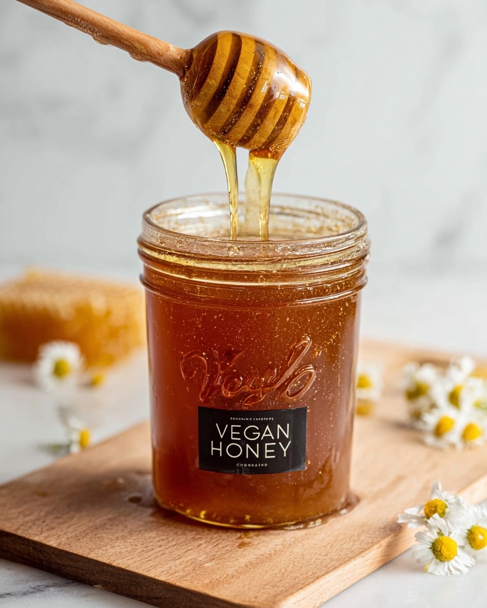 A clear glass jar filled with dark amber vegan honey sits on a wooden board, the honey's thick, glossy texture catching the light. A honey dipper coated with the same rich amber liquid is lifted above the jar, with honey slowly dripping from it. Around the jar, small yellow and white dried flower petals are scattered on the board, alongside a single white flower near the edge. The background shows blurred jars and bottles with light beige and yellow contents against a white marbled texture. photo taken with an iphone --ar 4:5 --v 7