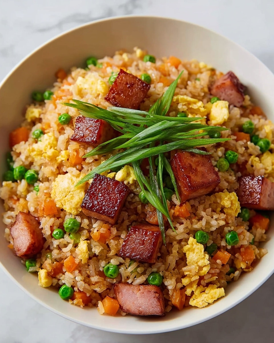 A bowl filled with fried rice made of golden-brown cooked grains mixed with small, bright green peas and diced orange carrots, scattered throughout. On top, there are several glossy, browned cubes of cooked meat, likely ham or spam, evenly placed. Scrambled yellow egg pieces are mixed within, adding texture and color. Fresh thin green onion slices are sprinkled over the top, adding a fresh green layer. The bowl is white and set against a white marbled texture background. photo taken with an iphone --ar 4:5 --v 7