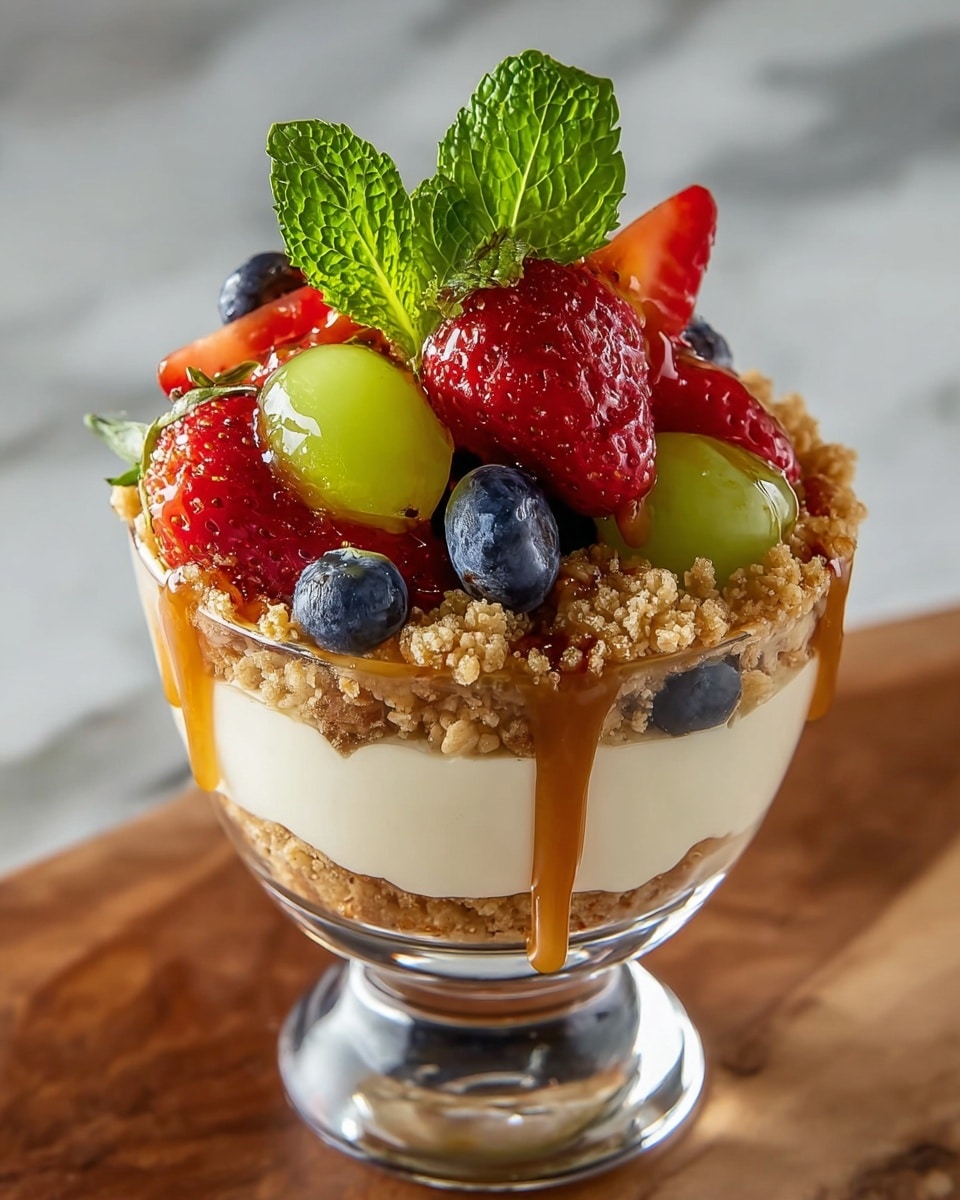 A clear glass dessert cup shows a three-layered treat starting with a bottom layer of crumbly brown biscuit crumbs, followed by a smooth, light cream layer in the middle, and topped again with more biscuit crumbs. The dessert is garnished with fresh fruit on top, including bright red strawberry halves, deep blue blueberries, and green grapes, all drizzled generously with a thick, glossy caramel sauce that flows over the sides. A small sprig of fresh green mint adds a touch of color on top. The dessert cup sits on a wooden tray with a white marbled surface in the background. photo taken with an iphone --ar 4:5 --v 7