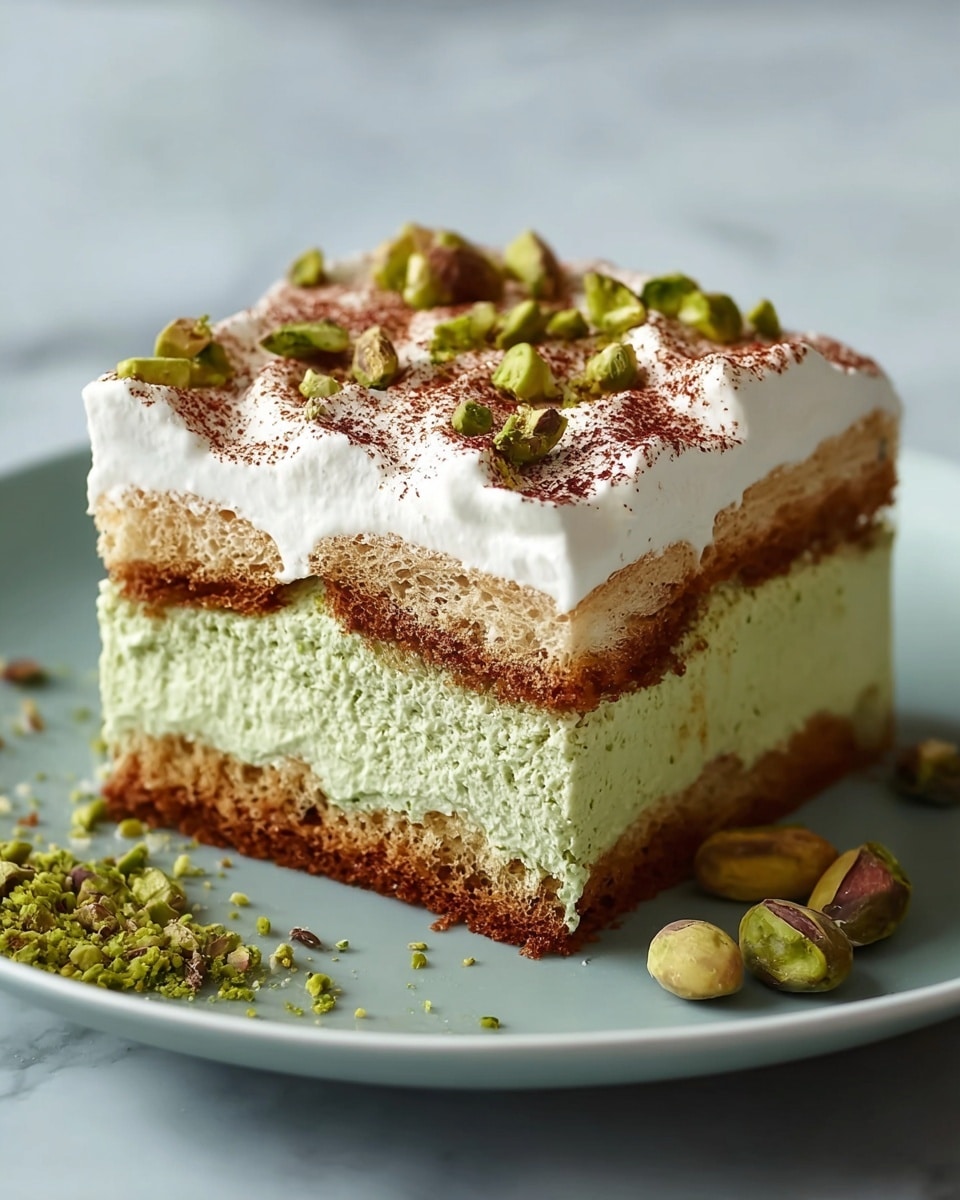 A close-up of a square layered dessert with three main layers: the bottom and top layers are light green sponge cake, the middle layer is white creamy filling, and a thin brown layer is visible just above the middle filling and below the top sponge layer. On top, there is a thick, fluffy white cream layer sprinkled with crushed and whole pistachios, along with a dusting of brown powder. The dessert sits on a white plate, scattered with more crushed pistachios and a light dust of powdered sugar, all placed on a white marbled surface. photo taken with an iphone --ar 4:5 --v 7