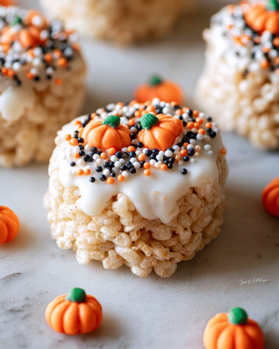 A round Rice Krispies treat with a light tan color and puffed rice texture forms the base layer; the top half is coated in smooth, white chocolate with a glossy finish and sprinkled with small round sprinkles in black, orange, and white colors. Around the treats, there are small orange pumpkin-shaped candies with green tops placed on a white marbled surface. The scene includes multiple treats, some partially visible, focusing on the close-up details of the top coated layer and crisp rice base. photo taken with an iphone --ar 4:5 --v 7