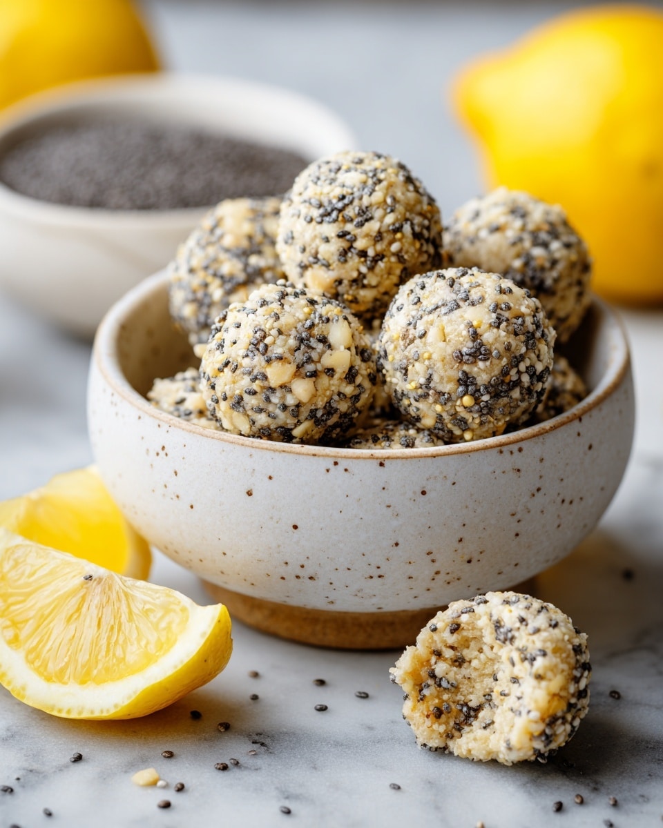 A small white speckled bowl is filled with round energy bites that have a textured surface made of crushed nuts and black seeds, giving them a speckled cream, white, and black look. One energy bite sits outside the bowl on a white marbled surface, showing its rough texture. Surrounding the bowl are a yellow lemon and lemon wedges, adding bright yellow color and freshness to the setup. In the blurred background, a white bowl holds more black seeds, enhancing the natural and healthy feel of the image. photo taken with an iphone --ar 4:5 --v 7