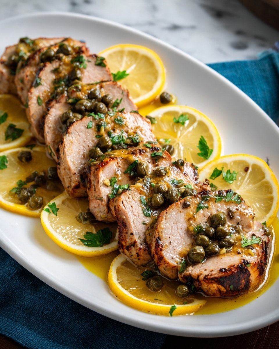 A white oval plate holds six thick slices of grilled pork tenderloin arranged in a neat row, each slice pale pink inside with a browned outer edge. The pork is topped with small green capers and finely chopped fresh parsley in a glossy mustard-yellow sauce that pools slightly around the meat. Thin, bright yellow lemon slices with pale centers are placed underneath and around the pork, adding a fresh contrast. The background shows a white marbled surface with a blurred blue cloth adding subtle color. The photo taken with an iphone --ar 4:5 --v 7