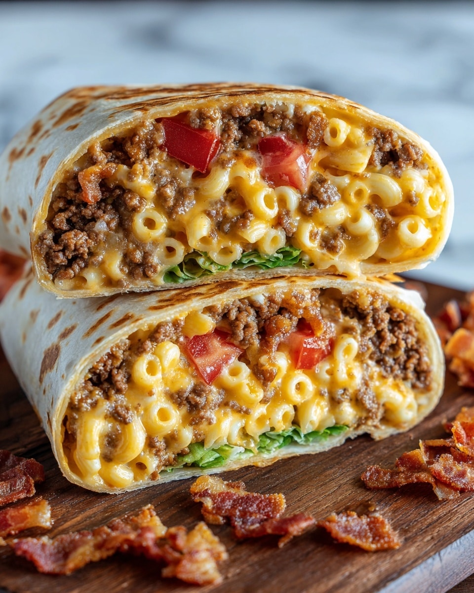 A close-up of a large burrito cut in half, stacked one on top of the other, each half showing multiple layers inside. The outer layer is a light golden tortilla wrap with soft spots and slight crisp marks. Inside, the top layer is a mix of crispy golden-brown bacon pieces and small chunks of red tomato scattered throughout. Below that, there is a thick layer of creamy, yellow-orange macaroni and cheese with soft elbow pasta. Mixed in with the macaroni are crumbled browned ground beef pieces. At the very bottom, there is a small layer of fresh green lettuce leaves peeking out. The burrito rests on a wooden board with some crispy bacon bits surrounding it, all set against a white marbled surface. photo taken with an iphone --ar 4:5 --v 7