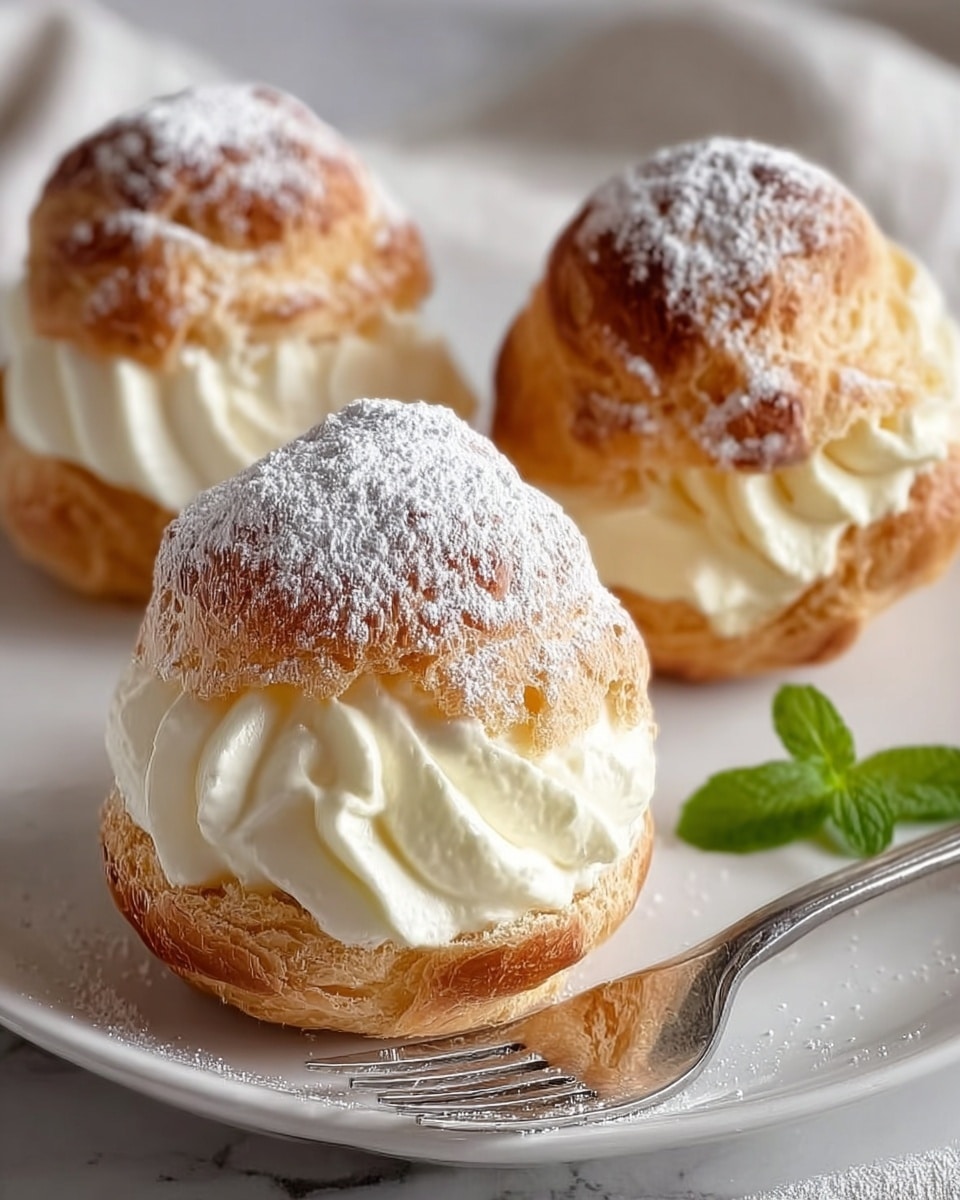 Three cream puffs are placed on a white plate set on a white marbled surface. Each puff has a golden-brown, slightly crispy shell cut in half horizontally, filled generously with smooth, fluffy white cream that slightly spills out. The tops are dusted with light white powdered sugar, giving a snowy look. A silver fork lies on the plate near the front cream puff, and a small green mint leaf sits softly beside the puff in the background. The image is close-up, showing the texture and layers clearly, photo taken with an iphone --ar 4:5 --v 7
