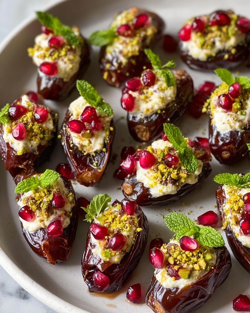 The image shows a white plate filled with dark brown dates, each cut open and filled with a creamy white layer. On top of the cream, there are small yellow-green crushed nut pieces and bright red pomegranate seeds scattered over each date. Fresh green mint leaves are placed on some of the dates for decoration. The background is a white marbled texture. The photo taken with an iphone --ar 4:5 --v 7