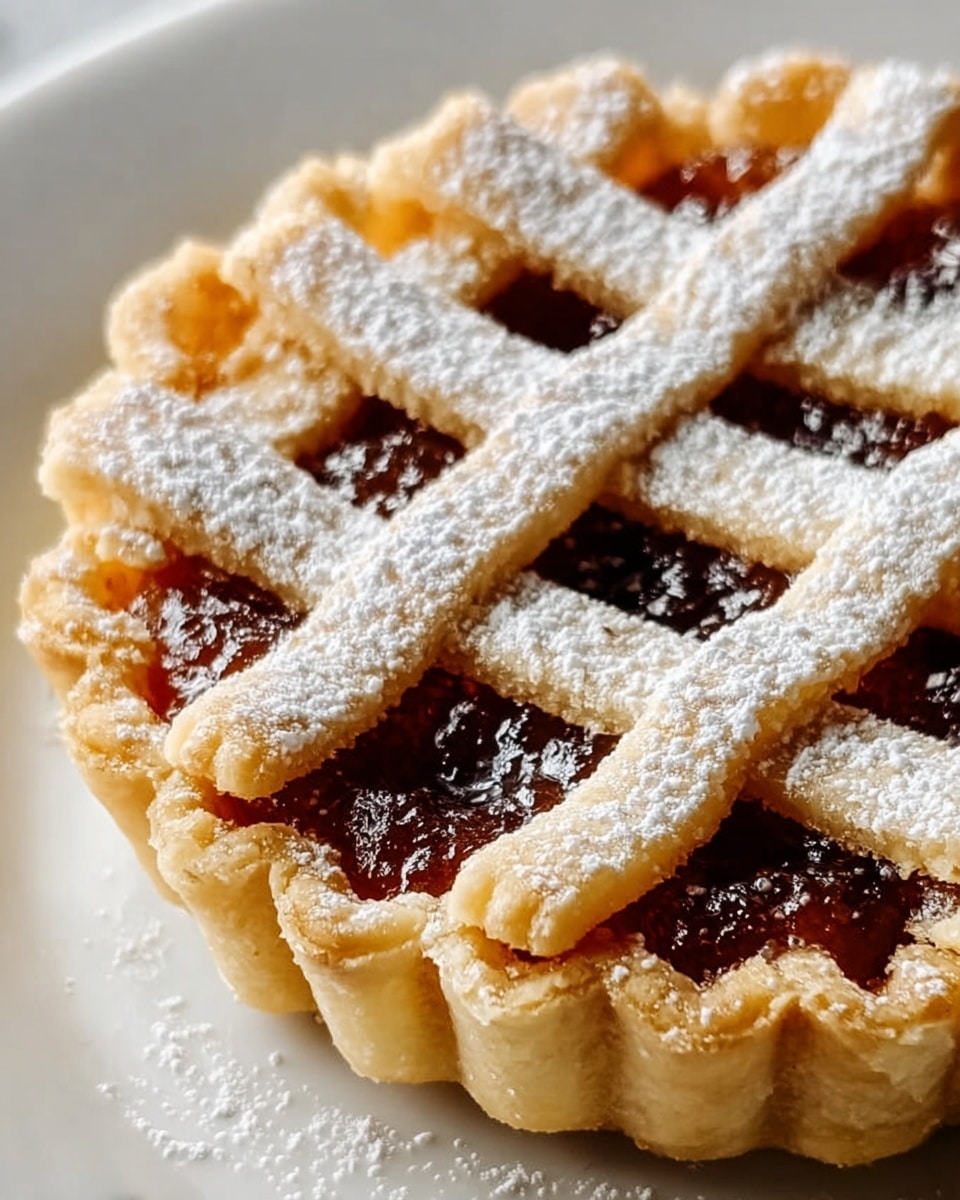 A close-up view of a small tart with three layers, starting with a golden brown pastry crust that has a crimped edge all around, followed by a dark brown, smooth filling that looks like jam or a fruit spread, and finally topped with a lattice crust of light golden strips dusted with white powdered sugar, all resting on a white plate placed on a white marbled surface. Photo taken with an iphone --ar 4:5 --v 7