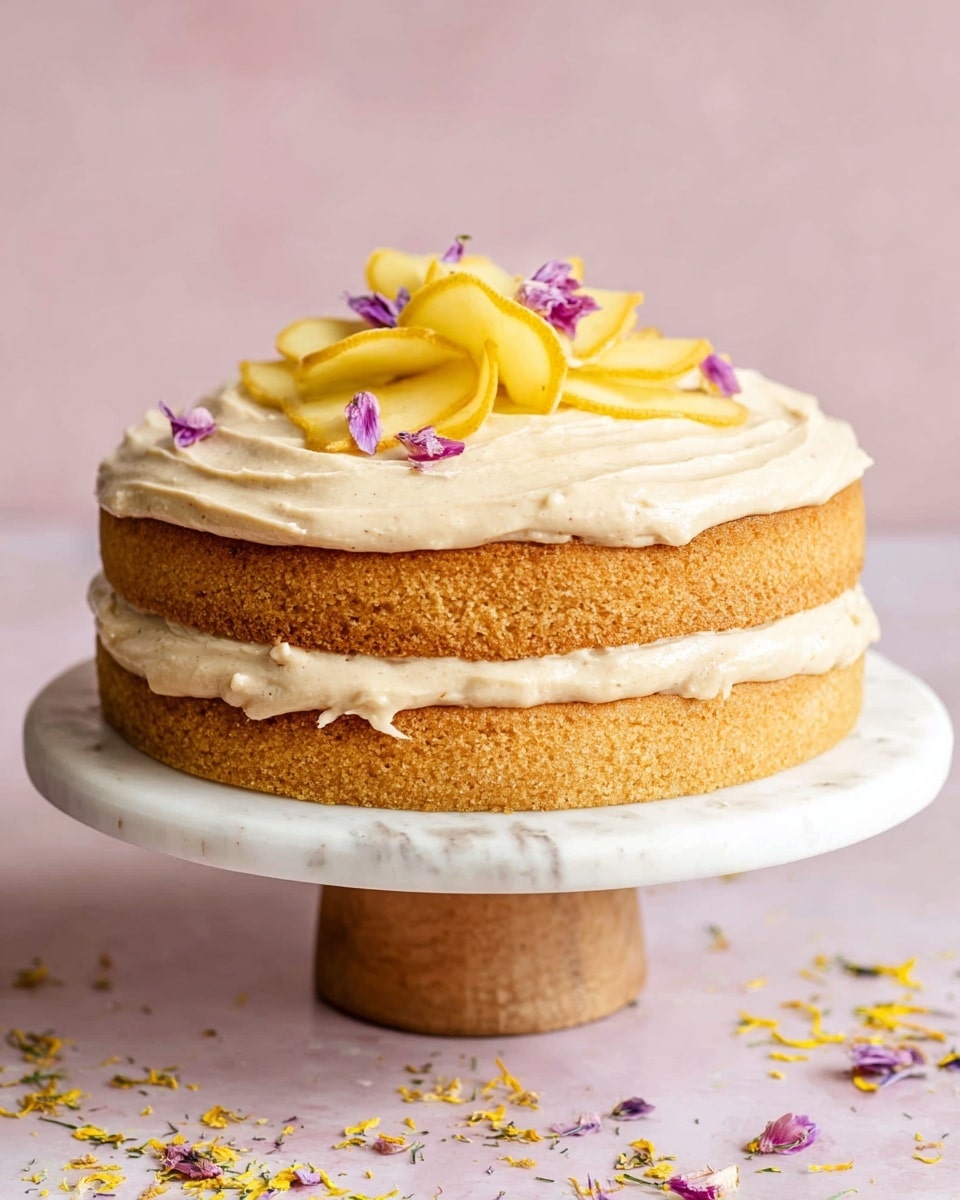 A two-layer yellow cake sits on a white marble cake stand with a wooden base. Each layer is separated by a thick spread of light beige cream frosting that looks soft and creamy. The top layer has the same frosting spread across the surface with gentle swirls. On top of the frosting, there are thin slices of yellow fruit arranged in a small mound, decorated with tiny purple edible flower petals. Around the cake on the white marble stand, small yellow and purple flower petals are scattered. The background is a soft pink color. photo taken with an iphone --ar 4:5 --v 7
