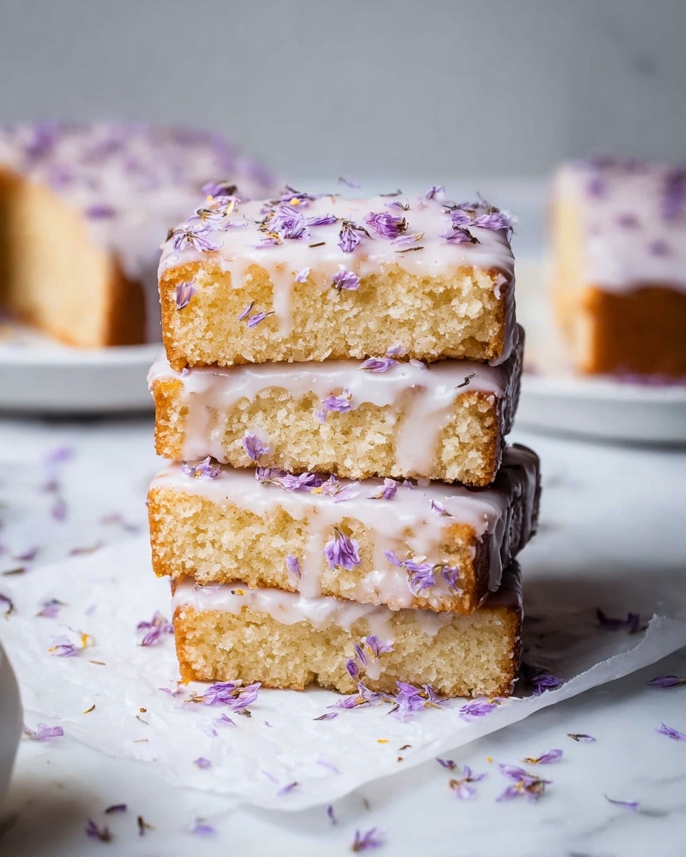 A stack of four thick square slices of light golden cake with a moist and slightly crumbly texture is shown on a white marbled surface. Each slice is coated on the top and sides with a shiny, thin layer of white icing that drips slightly down the edges. Small, delicate light purple flower petals are scattered generously across the icing, creating a soft contrast with the pale cake. Some petals also rest loosely at the base of the stack on a piece of white parchment paper. In the blurry background, there are more cake slices on white plates. photo taken with an iphone --ar 4:5 --v 7