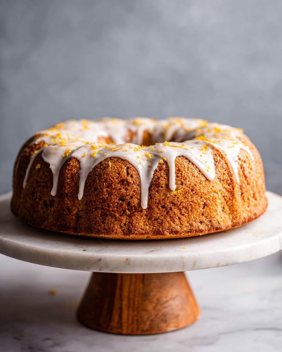 A round bundt cake with a light brown, slightly textured surface sits on a white marble cake stand with a wooden base. The cake is topped with a thin layer of white icing that drips down the sides unevenly. The cake's top surface has small orange zest sprinkles scattered, adding a touch of color. The background shows a soft gray gradient, and the cake stand is placed on a white marbled surface. photo taken with an iphone --ar 4:5 --v 7
