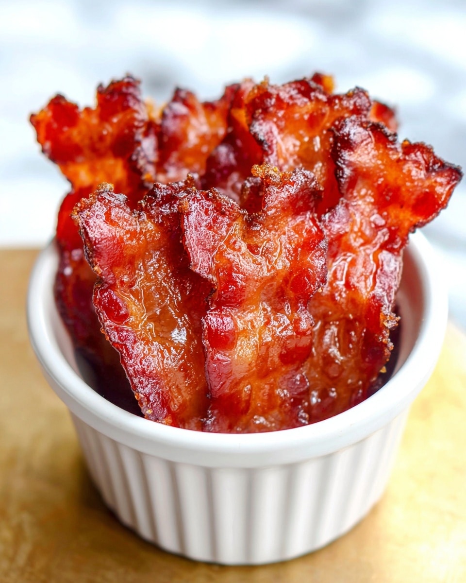 The image shows a small white ceramic ramekin filled with several crispy strips of bacon stacked closely together. The bacon strips have a rich, glossy red and brown color with a slightly charred, crinkled texture that highlights their crispiness. The glossy surface of the bacon reflects light, giving them a mouth-watering, caramelized appearance. The ramekin is placed on a surface with a white marbled texture, and the top edges of the bacon extend slightly over the ramekin’s rim. Photo taken with an iphone --ar 4:5 --v 7