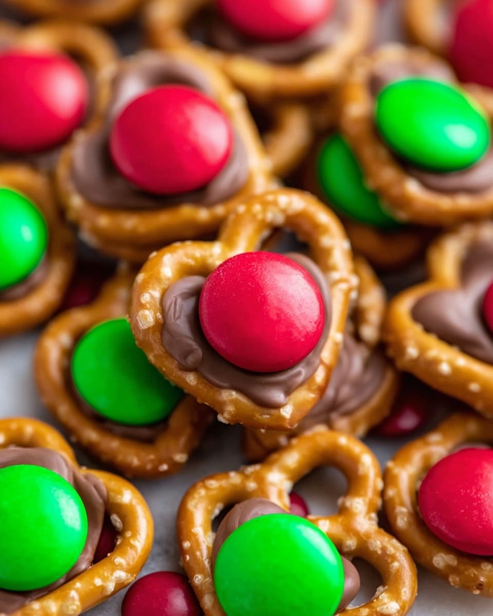 The image shows a close-up of small snacks made from three layers: the bottom layer is a golden-brown pretzel with a slight shine and salt specks, twisted into a heart shape; the middle layer is a round, smooth, milk chocolate candy placed neatly on the pretzel; the top layer is a bright, glossy candy button in red or green pressed into the center of the chocolate, giving a festive look. The snacks are stacked close together on a white marbled surface with red and green candies scattered around. photo taken with an iphone --ar 4:5 --v 7