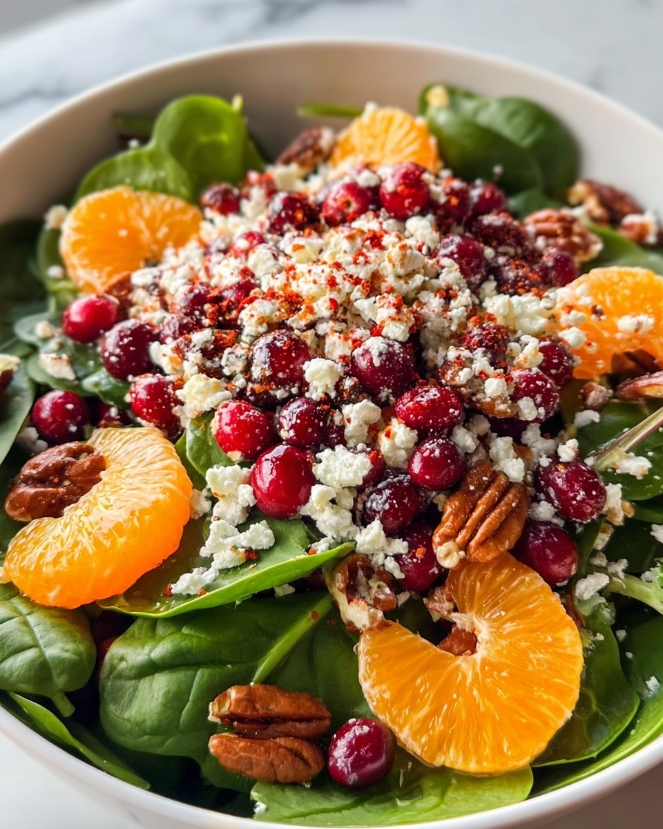 A fresh salad is shown in a white bowl on a white marbled surface, with a base layer of dark green spinach leaves spread evenly. On top, there is a vibrant mix of bright red cranberries and glossy pecans scattered around. Several segments of orange tangerine slices are placed around the edge, adding a bright orange color. The salad is finished with a generous topping of crumbled white cheese and small sprinkles of red seasoning scattered over everything, giving it a colorful and textured look. photo taken with an iphone --ar 4:5 --v 7
