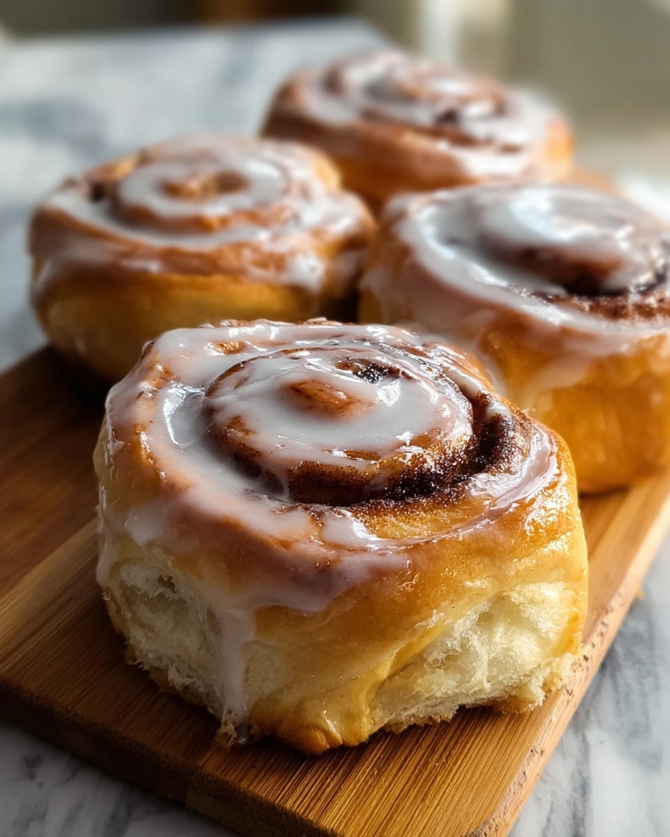 The image shows four cinnamon rolls on a wooden board placed on a white marbled surface. Each roll has a soft, golden-brown dough base as the bottom layer, with a darker cinnamon swirl layer visibly spiraling within. The top layer is covered with a shiny, white glaze that drips slightly over the edges, giving a moist and sweet look. The rolls appear fluffy and slightly raised, with the glaze unevenly spread in a natural way. The background is softly blurred, focusing on the cinnamon rolls close up. Photo taken with an iphone --ar 4:5 --v 7