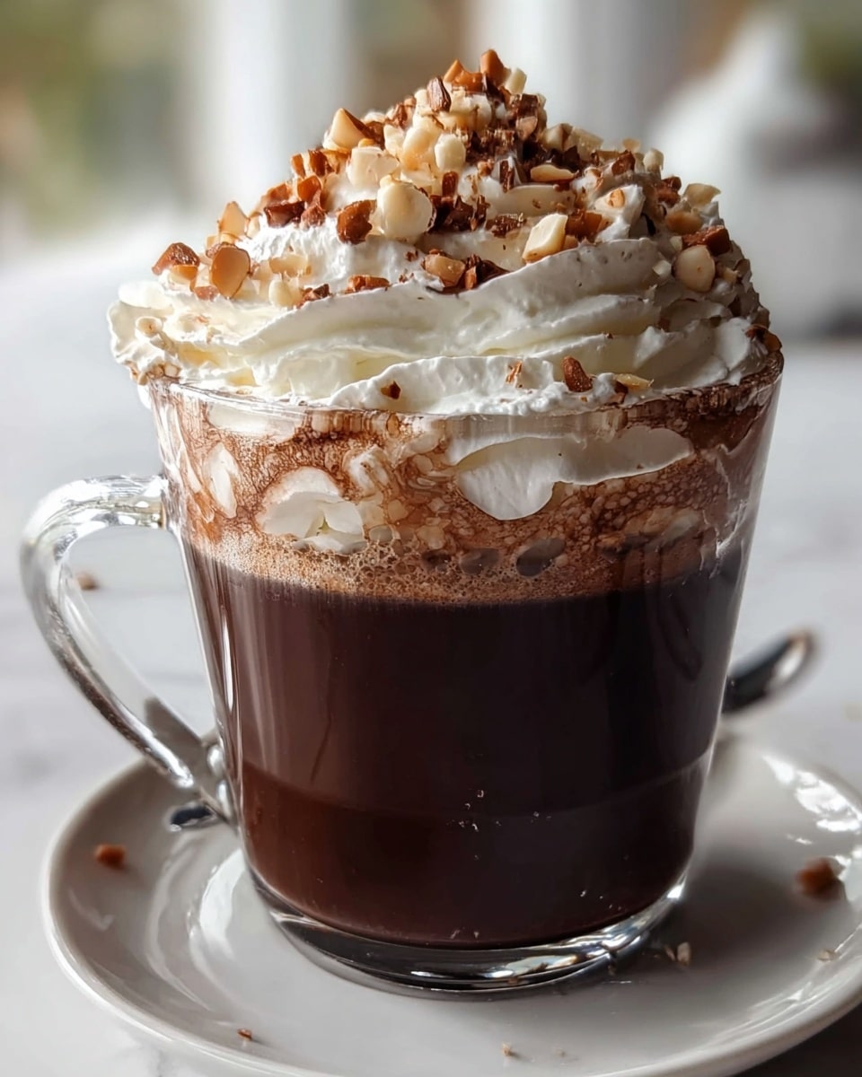 A clear glass mug filled with dark brown hot chocolate forming the bottom layer, topped with a frothy light brown foam layer. On top, a large swirled layer of white whipped cream covers the mug brim, sprinkled generously with small pieces of chopped nuts in light brown shades. The mug is placed on a white plate over a white marbled surface with a soft and bright background blur. Photo taken with an iphone --ar 4:5 --v 7