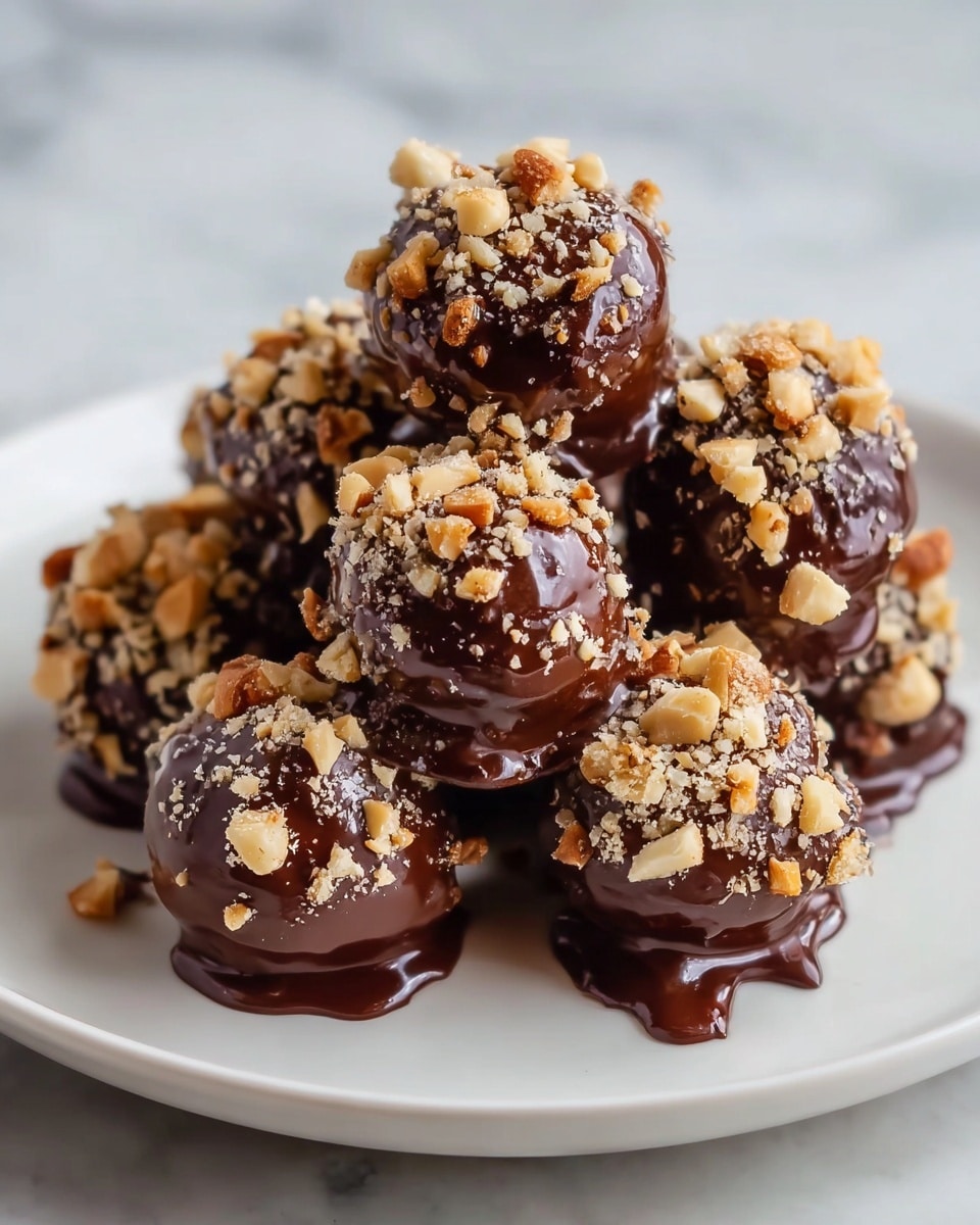 The image shows seven small, round cookie-like treats on a white plate over a white marbled surface. Each piece has a base layer of light brown, crumbly texture. The top half of each treat is covered with thick, dark chocolate coating that looks glossy and slightly melted. On top of the chocolate layer, there is a generous sprinkle of chopped nuts, mainly light brown and off-white in color, adding a rough and crunchy texture to the smooth chocolate. The treats are placed close together in a slightly uneven pile, and the sunlight creates soft shadows around them. photo taken with an iphone --ar 4:5 --v 7