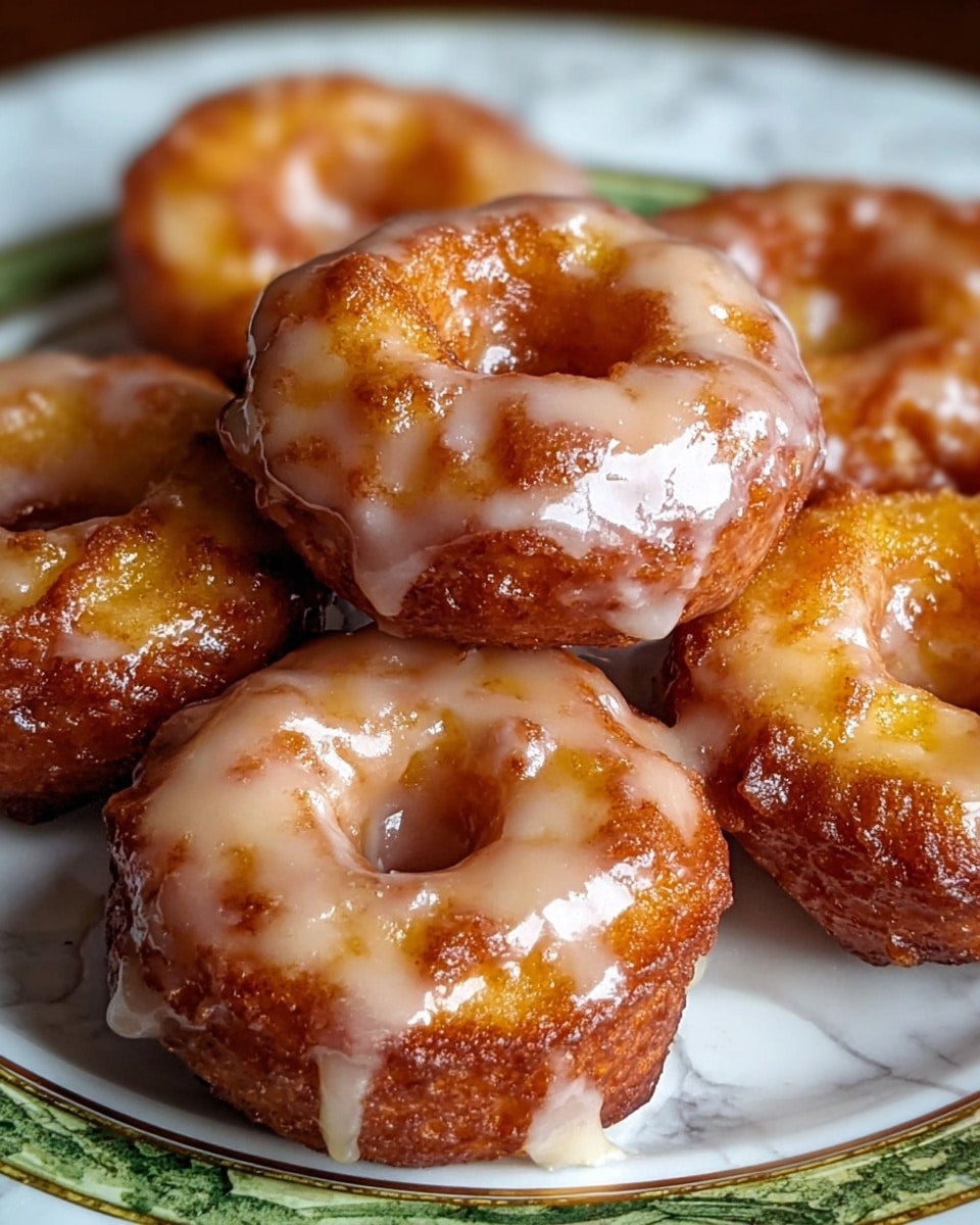 A close-up view of five small golden brown fried doughnuts arranged on a white plate with green and gold design near the edges. Each doughnut has a glossy, thick glaze of light beige icing with visible specks of cinnamon, dripping slightly down the sides. The doughnuts show a crisp, textured surface with darker fried spots, highlighting their crunchy exterior and soft inside. The composition focuses on the doughnuts' ring shape and shiny glaze, set against a white marbled texture. photo taken with an iphone --ar 4:5 --v 7