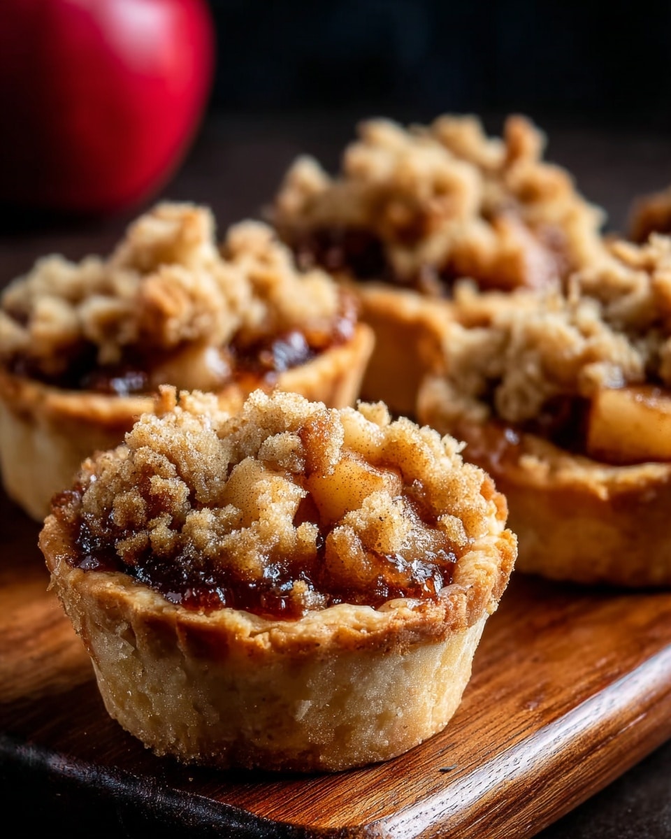 The image shows four small apple crumb pies placed closely on a wooden board against a blurred dark background, with a red apple visible in the distance. Each pie has three layers: the bottom crust is golden-brown and flaky, forming a sturdy cup shape; the middle layer contains chunky apple pieces coated with a shiny, dark cinnamon sauce visible around the edges; the top layer is a crumbly, light brown streusel that looks coarse and sugary, covering the apples loosely. The front pie is in sharp focus, showing the texture of each layer clearly, while the others are softly blurred behind it. Photo taken with an iphone --ar 4:5 --v 7