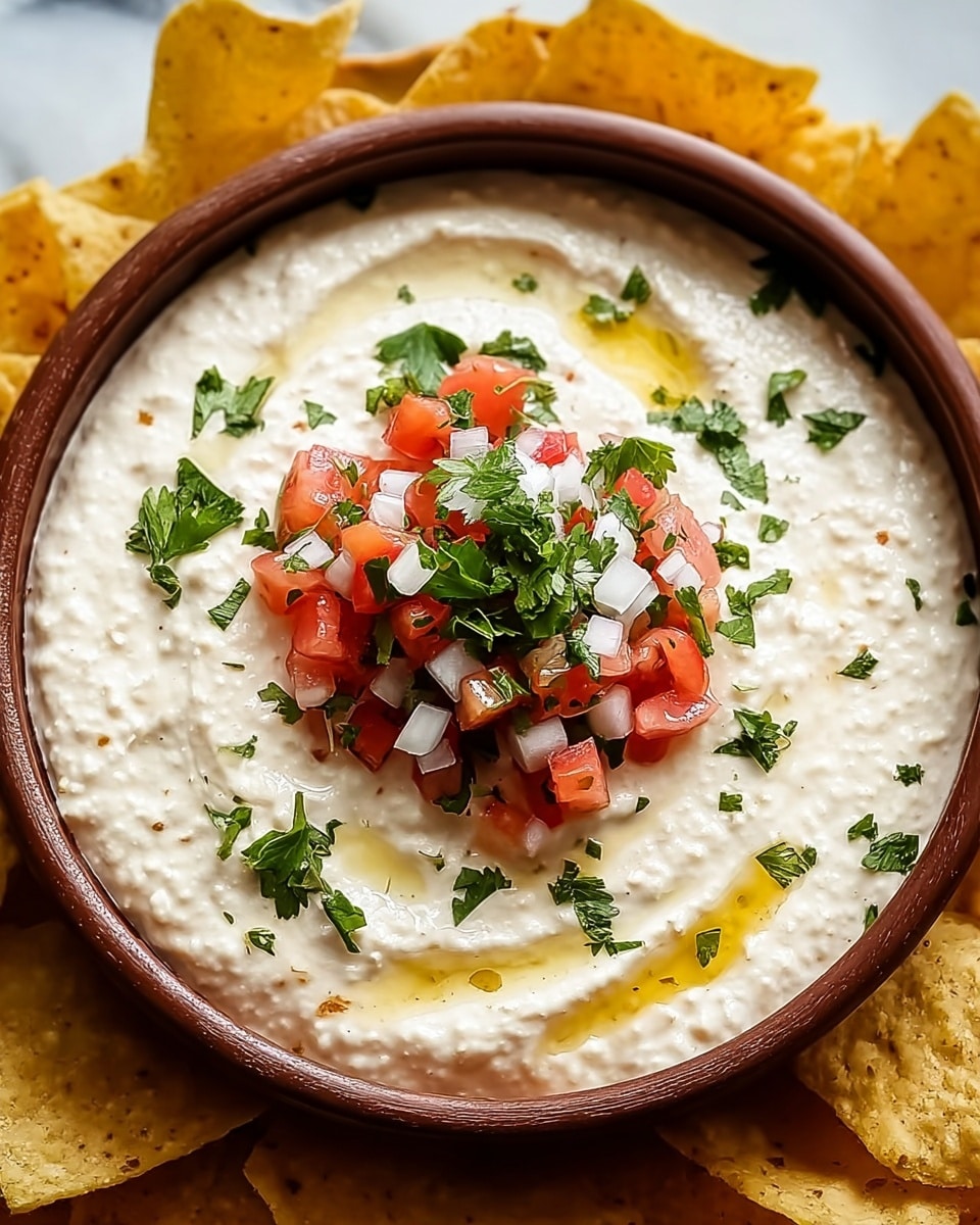 A white marbled textured background holds a round dark brown bowl filled with three layers of food; the bottom layer is a rough textured creamy white cheese dip, topped with small chunks of bright red tomato, white onion, and green cilantro. A drizzle of golden oil shines on the dip. Around the bowl are yellow corn tortilla chips and fresh green cilantro leaves. Photo taken with an iphone --ar 4:5 --v 7